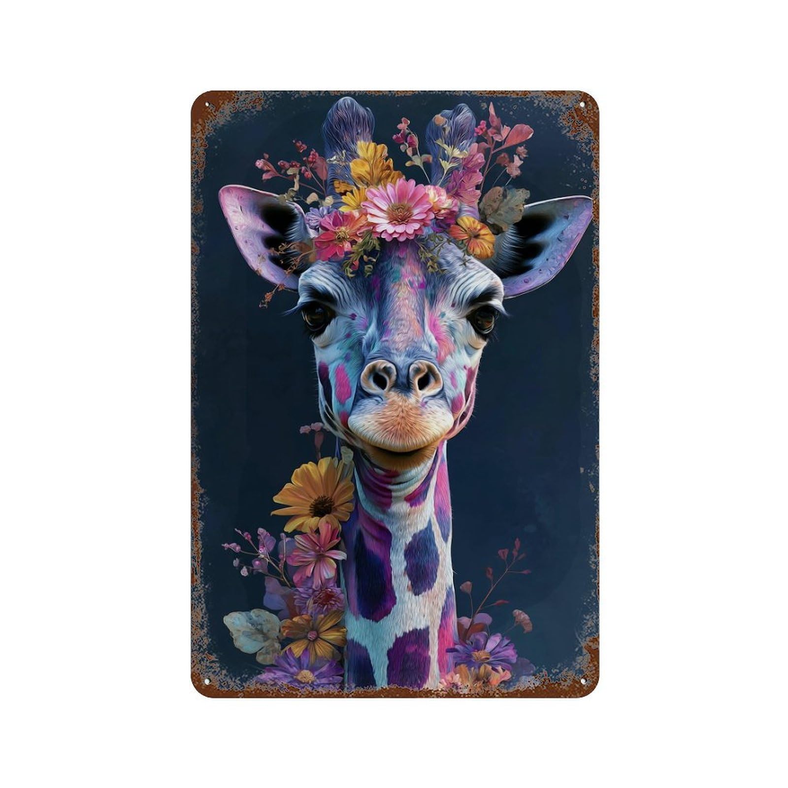 Rust Effect Colorful Giraffe with Flowers Vintage Rust Metal Sign 11.8"x7.9", Decorative Metal Wall Art for Shed, Workshop And Garage Wall Decor