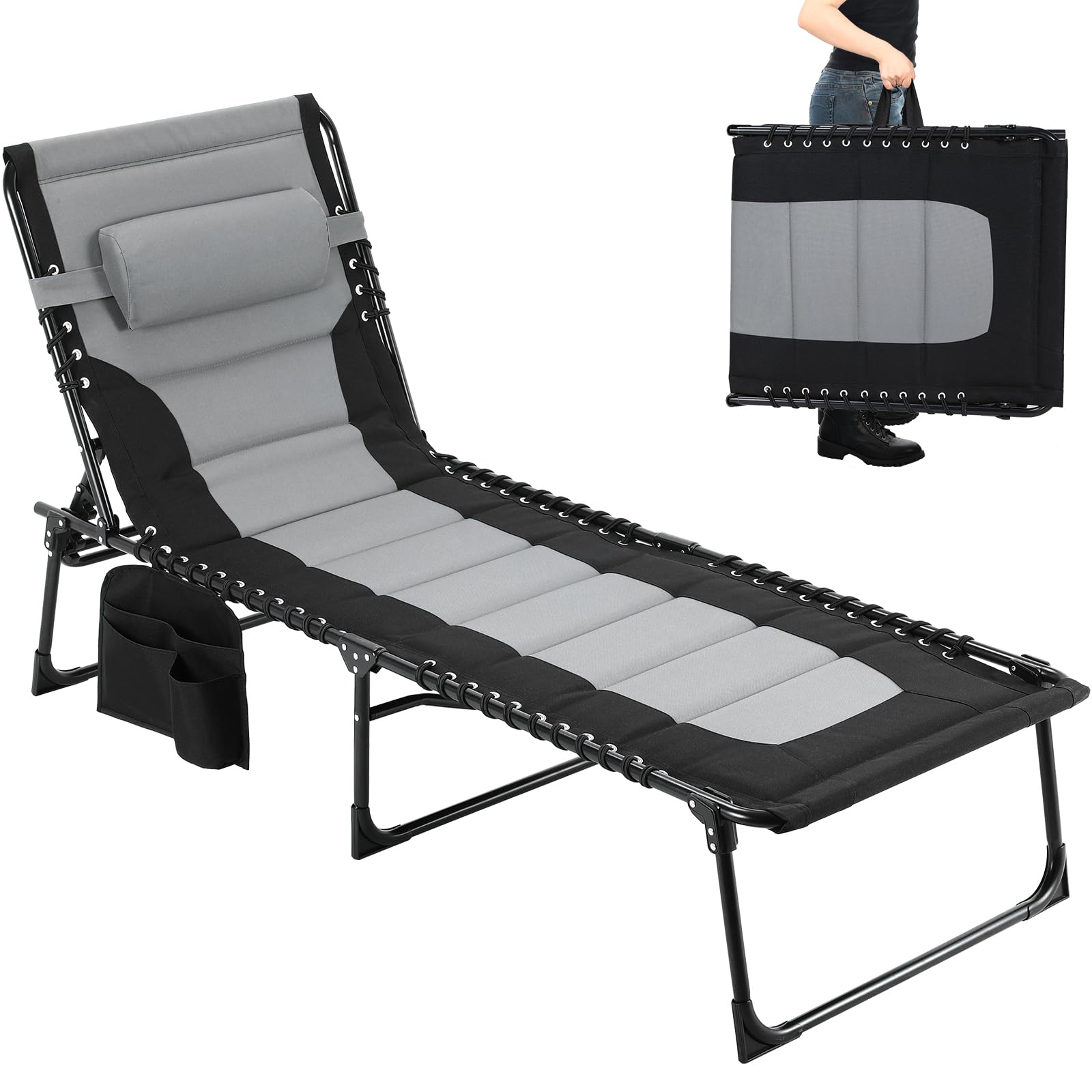 Clevich XXL Liegestuhl klappbar, 199×66 cm Übergroße Sonnenliege mit 5-Fach Verstellbarer Rückenlehne, Gartenliege mit Kopfkissen & Seitentasche, Campingliege bis 150 kg für Strand, Pool