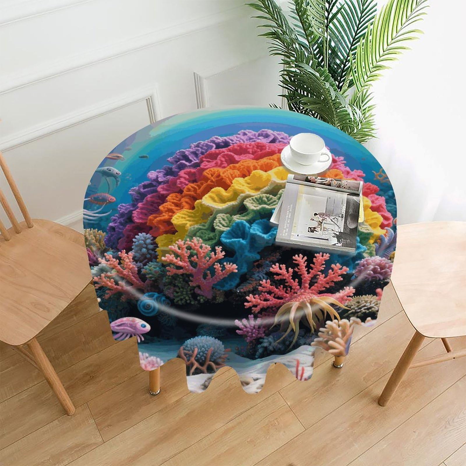 MUSM 60 Inch Rainbow Coral Reef Round Tablecloth Wipeable Washable Table Cover for Kitchen and Dining Room Decorative Table Cloth for Party Holiday Picnic Outdoor