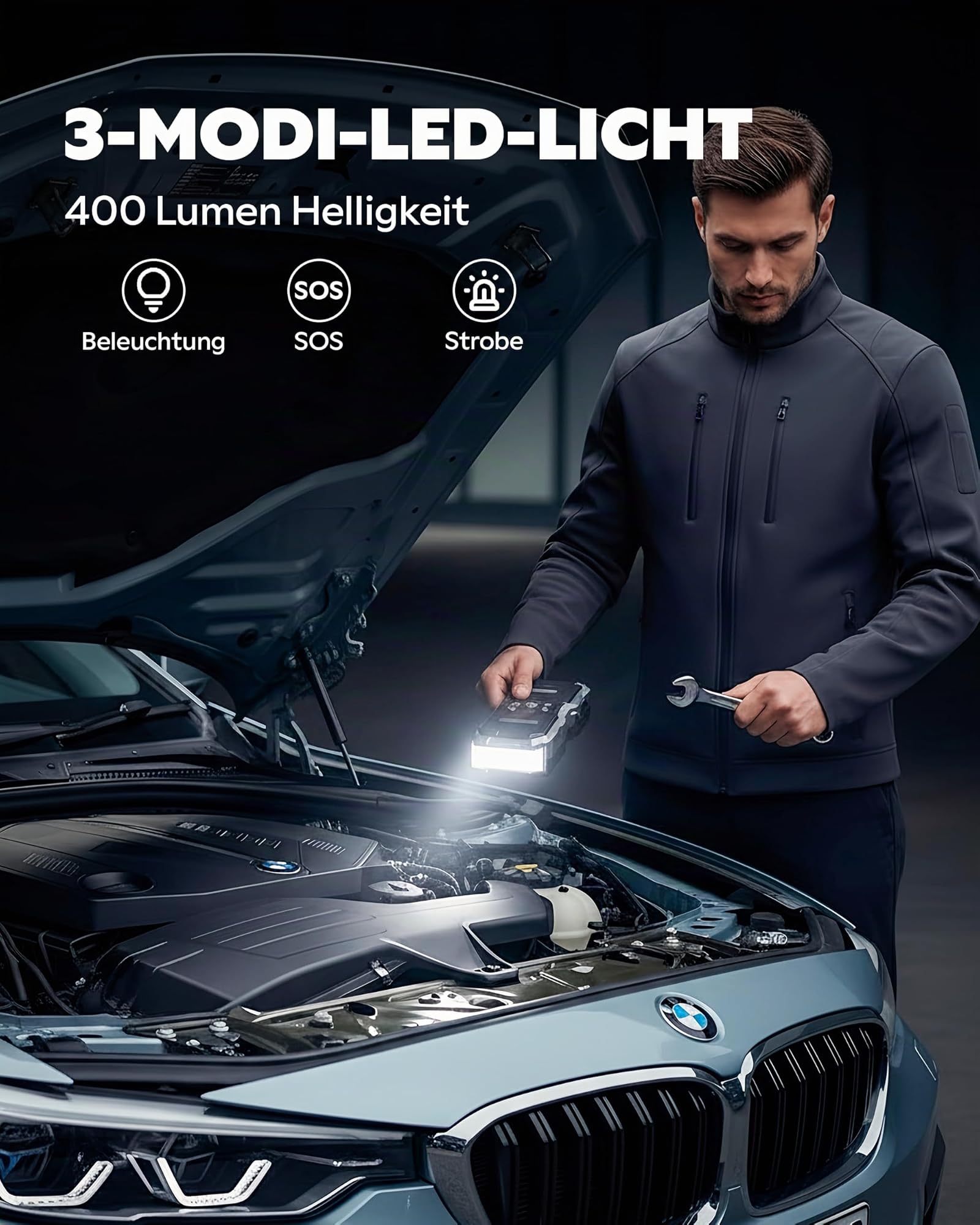 Starthilfe Powerbank für PKW 6000A, 26800mAh Auto Starthilfe Powerbank mit 150 PSI Kompressor, Batterie Booster & Jump Starter für Benzin & Diesel, LED Notfallgerät