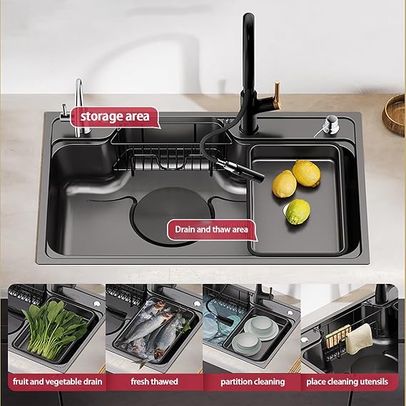 Stainless Steel Sink,utility Sink Single Bowl,kitchen Sink With,Nano-coating Material,large-diameter Drain,pot-in-basin,mahogany Sticky Board,suitable For Home Kitchens,restaurants,and Bar Counters (