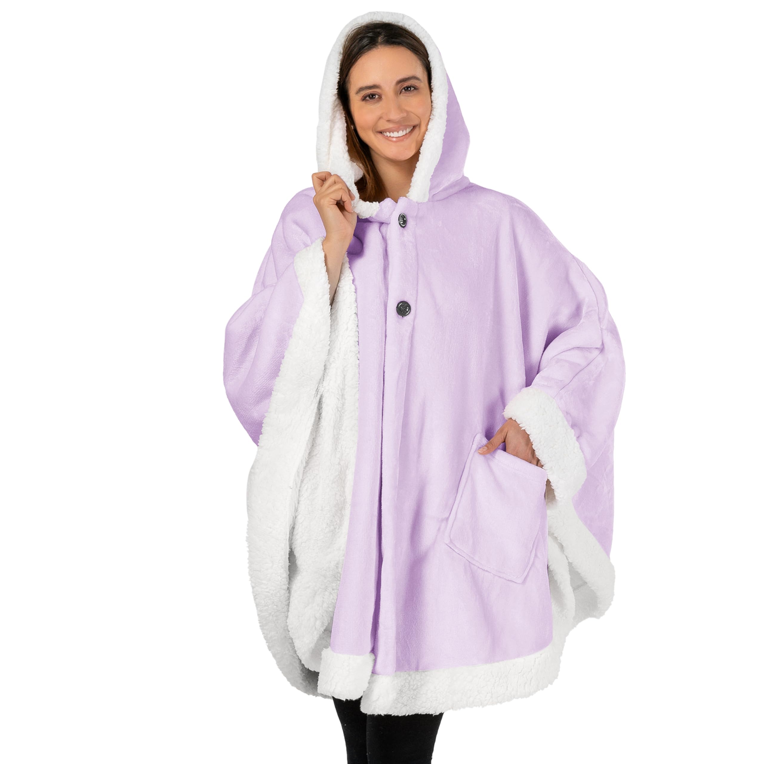 PAVILIA Hooded Blanket Poncho, Women Fleece Shawl Wrap with Hood, Wearable Blanket Cozy Warm Poncho Cape Throw with Pockets, Gift for Elderly Mom, Lavender Purple