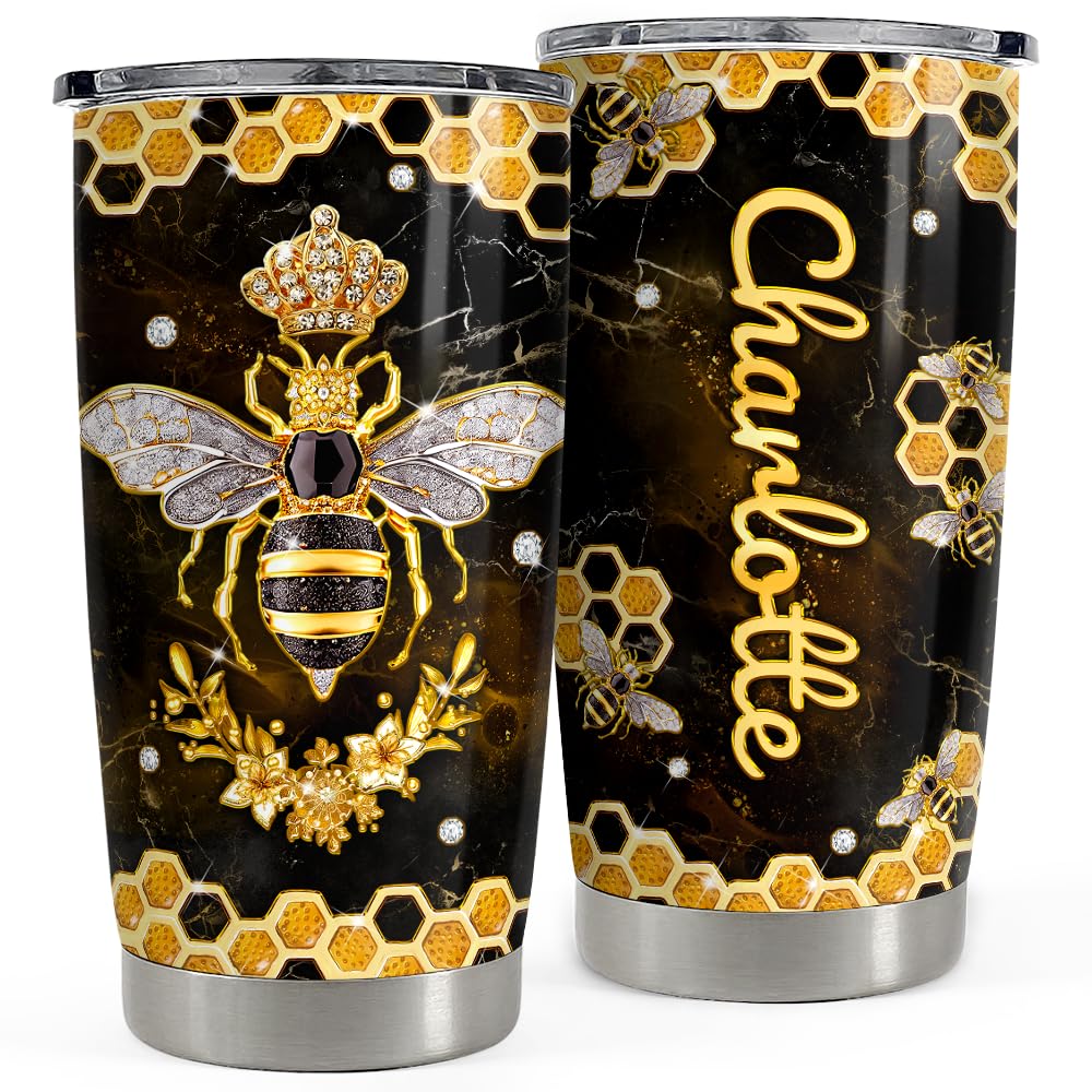 SANDJEST Personalized Bee Tumbler 20oz 30oz Insulated Tumblers with Lid Coffee Travel Mug Cup for Women GirlsBee Jewelry Drawings Style Bee Gifts for
