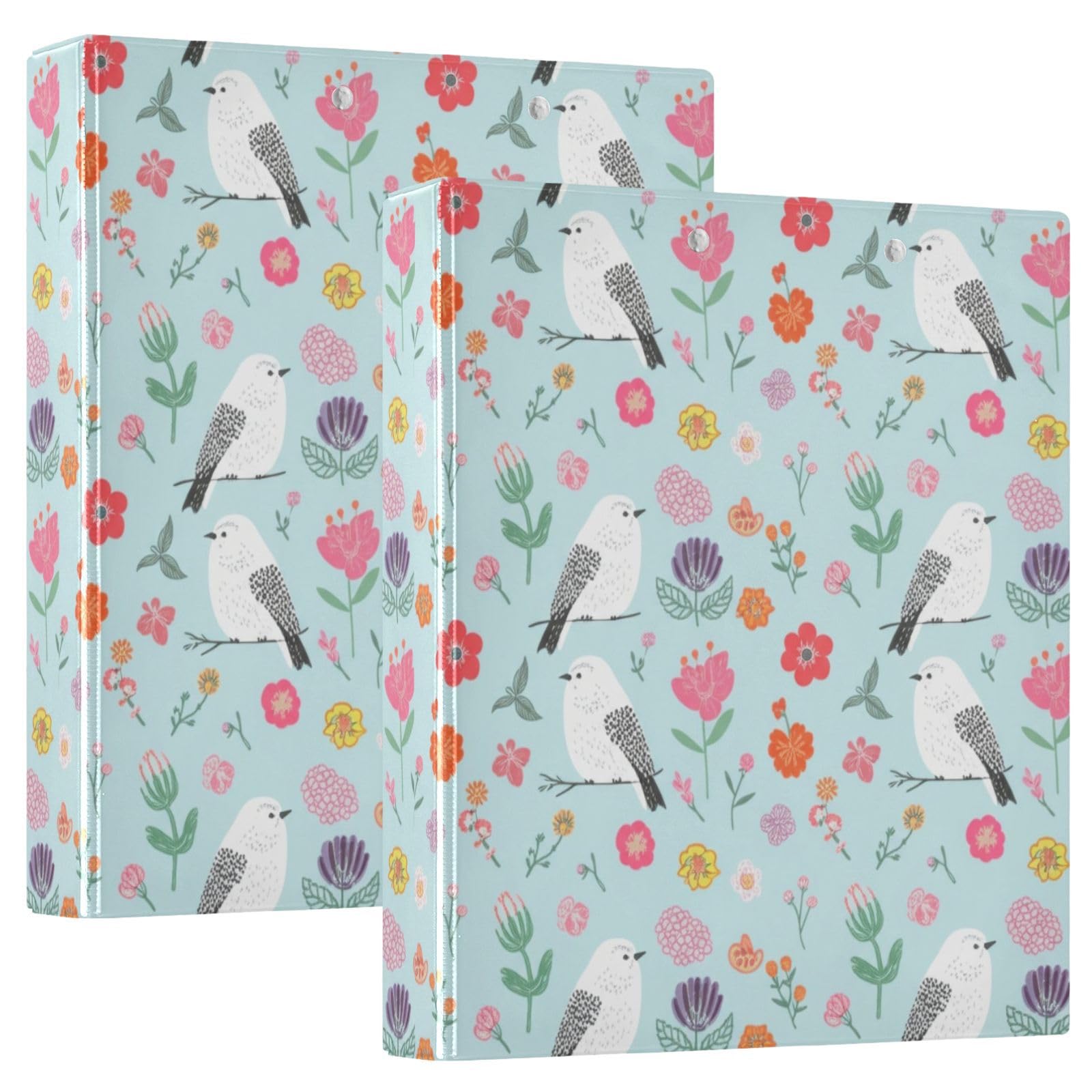 Confezione da 2 raccoglitori ad anelli con 3 anelli, con tasche grandi, motivo fiori bianchi, uccelli, fiori, per scuola, università e ufficio