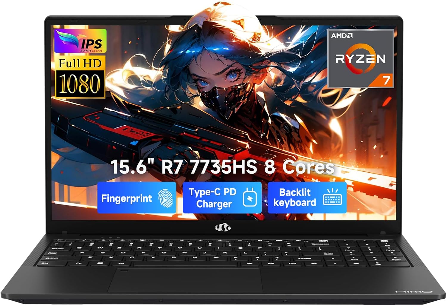 NIMO 15.6" IPS FHD-Gaming-Laptop, AMD 8 Cores Ryzen 7 7735HS 64GB DDR5 RAM 2TB SSD (Beats i7-12650H) Computer with Radeon 680M 100W Type-C Charger Backlit Keyboard Fingerprint, for Gaming Business