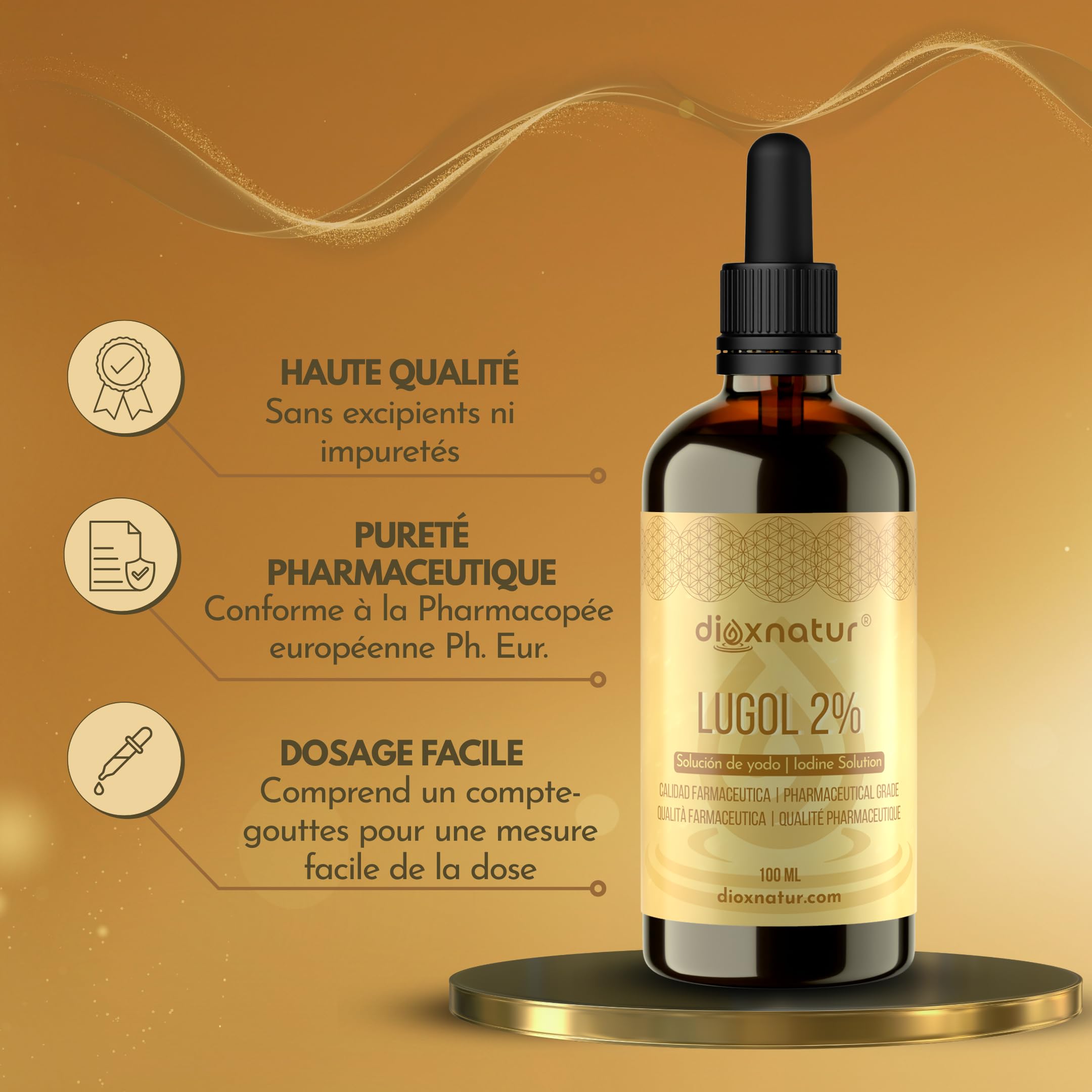 Solution de Lugol 2% de qualité pharmaceutique 100ml Formule douce d'iode et d'iodure de potassium avec pipette précise