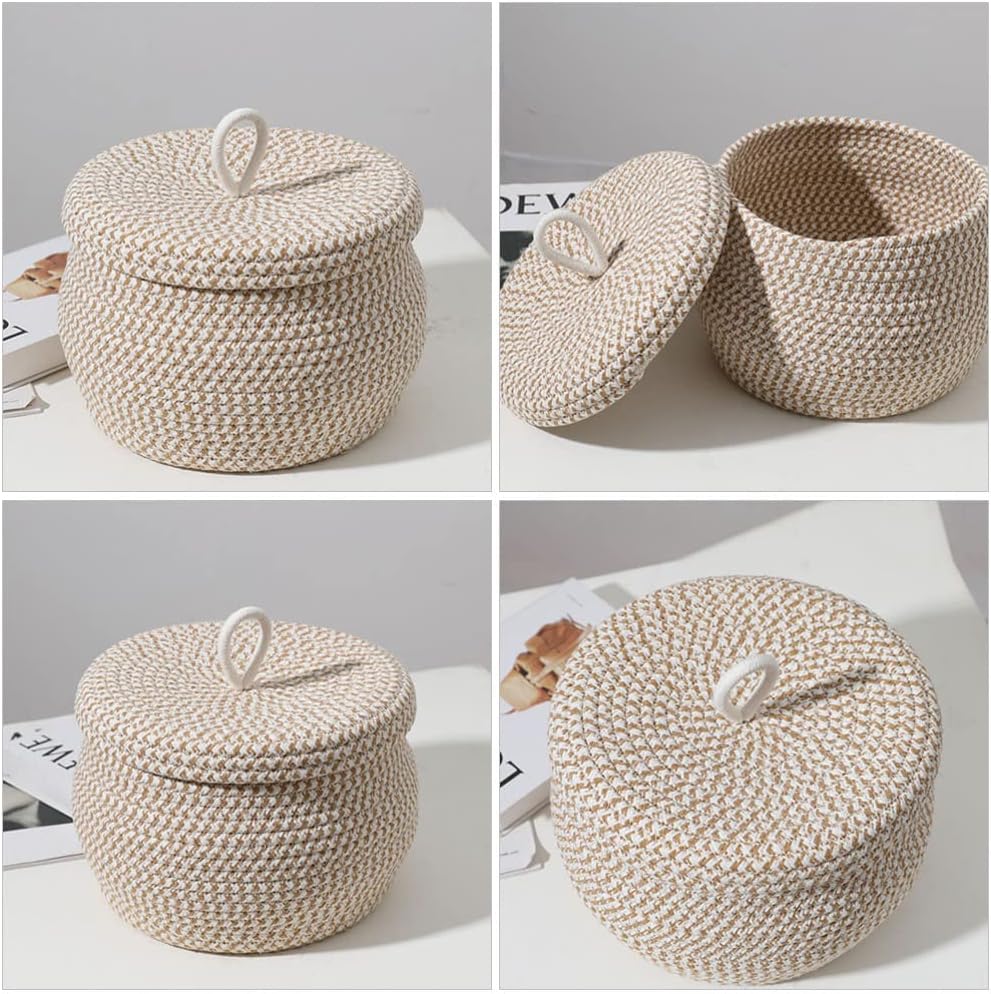 Cabilock Round Rope Basket with Lid:2pcs Decorative Woven Storage Bin Cotton Rope Lidded for Snacks, Towels, Plants