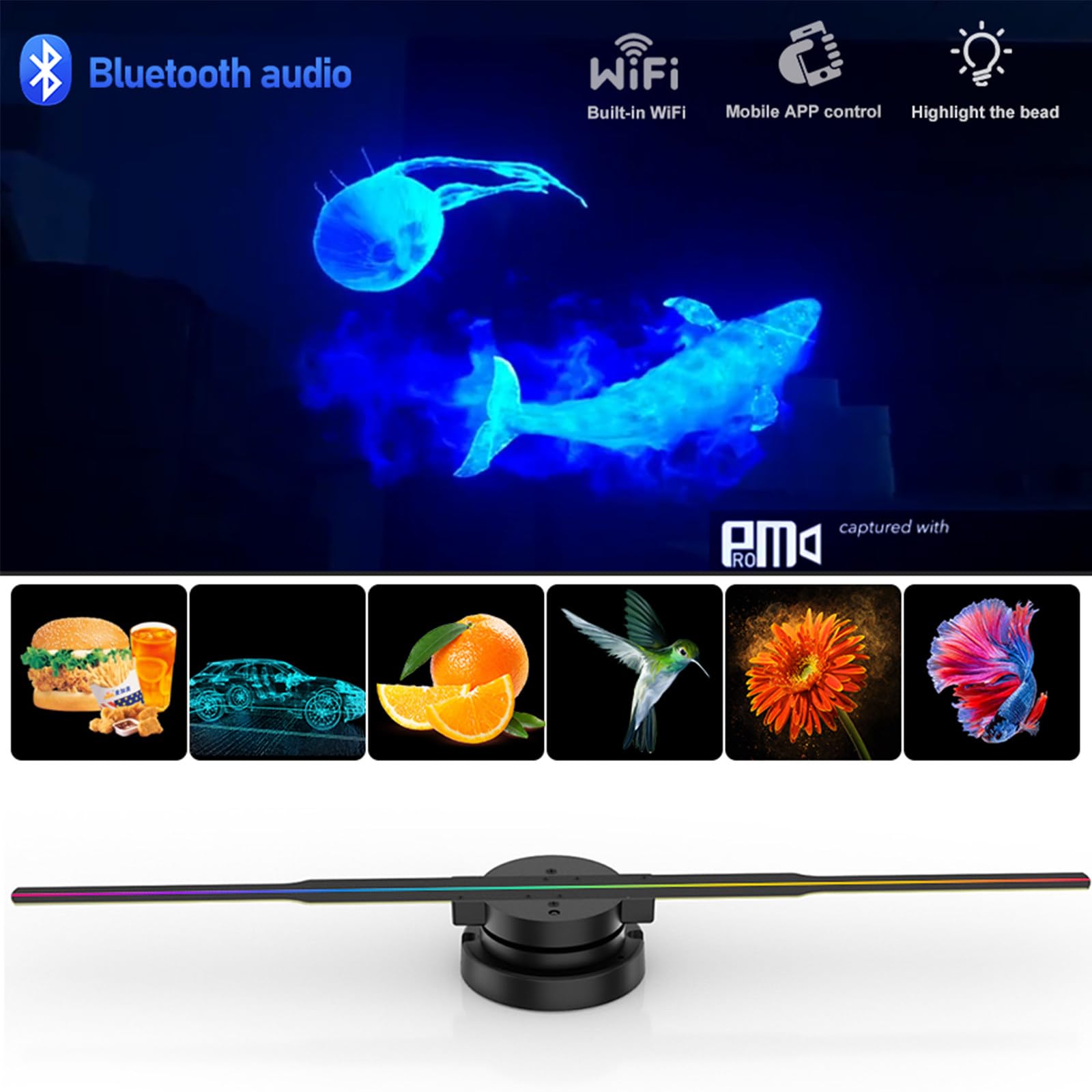 Wentylator holograficzny LED 3D (efekt bez okularów) z Bluetooth i aplikacją – wyświetlacz 1010RGB HD (352 diody LED) do sklepów i punktów handlowych