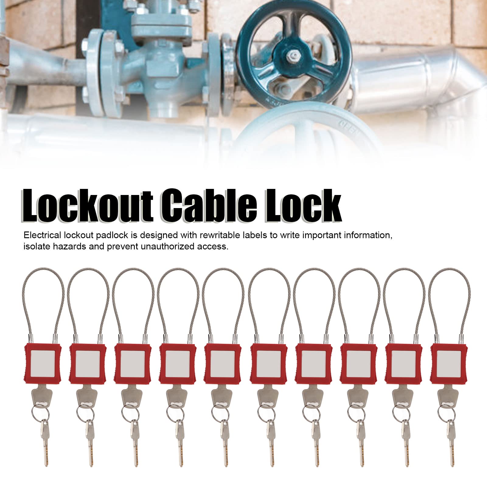 KLLJRFW 10 Sets Lockout Tagout Cable Lock with Key Stainless Steel Electrical Padlock Red Keyed Alike Unlimited Grouping Electrical Lockout Padlock Set for Equipment Maintenance