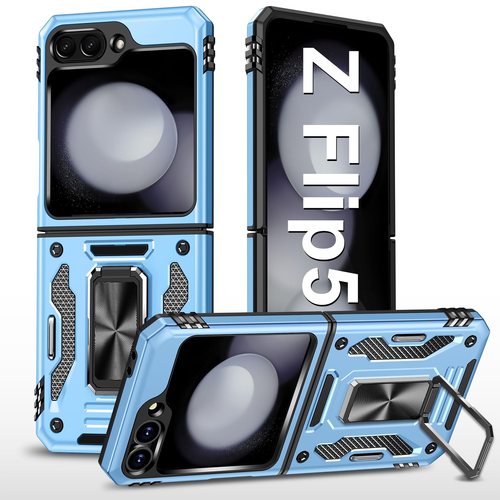 Handyhülle für Samsung Galaxy Z Flip 5 Hülle mit Slide Camera mit Kameraschutz Galaxy Z Flip 5 Schutzhülle 360° Drehbarer Metall Ring Ständer Stoßfest für Samsung Z Flip 5 5G (Marineblau)