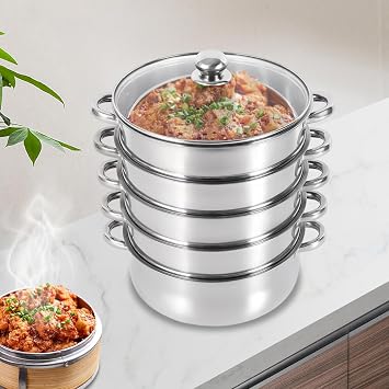 5-Layer Stainless Steel Steamer, 30CM Commercial Food-Grade Steamer Cookware Steaming Pot Tool w/Glass Lid Foods Steamers for Induction Cookers, Electric Ceramic Stoves, Gas Stoves Silver, 30CM