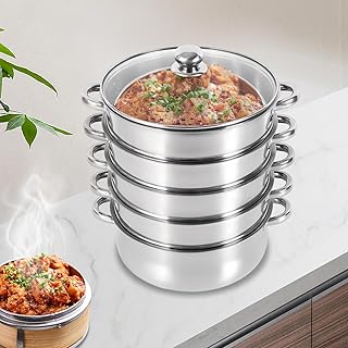 5-Layer Stainless Steel Steamer, 30CM Commercial Food-Grade Steamer Cookware Steaming Pot Tool w/Glass Lid Foods Steamers for Induction Cookers, Electric Ceramic Stoves, Gas Stoves (Silver, 30CM)