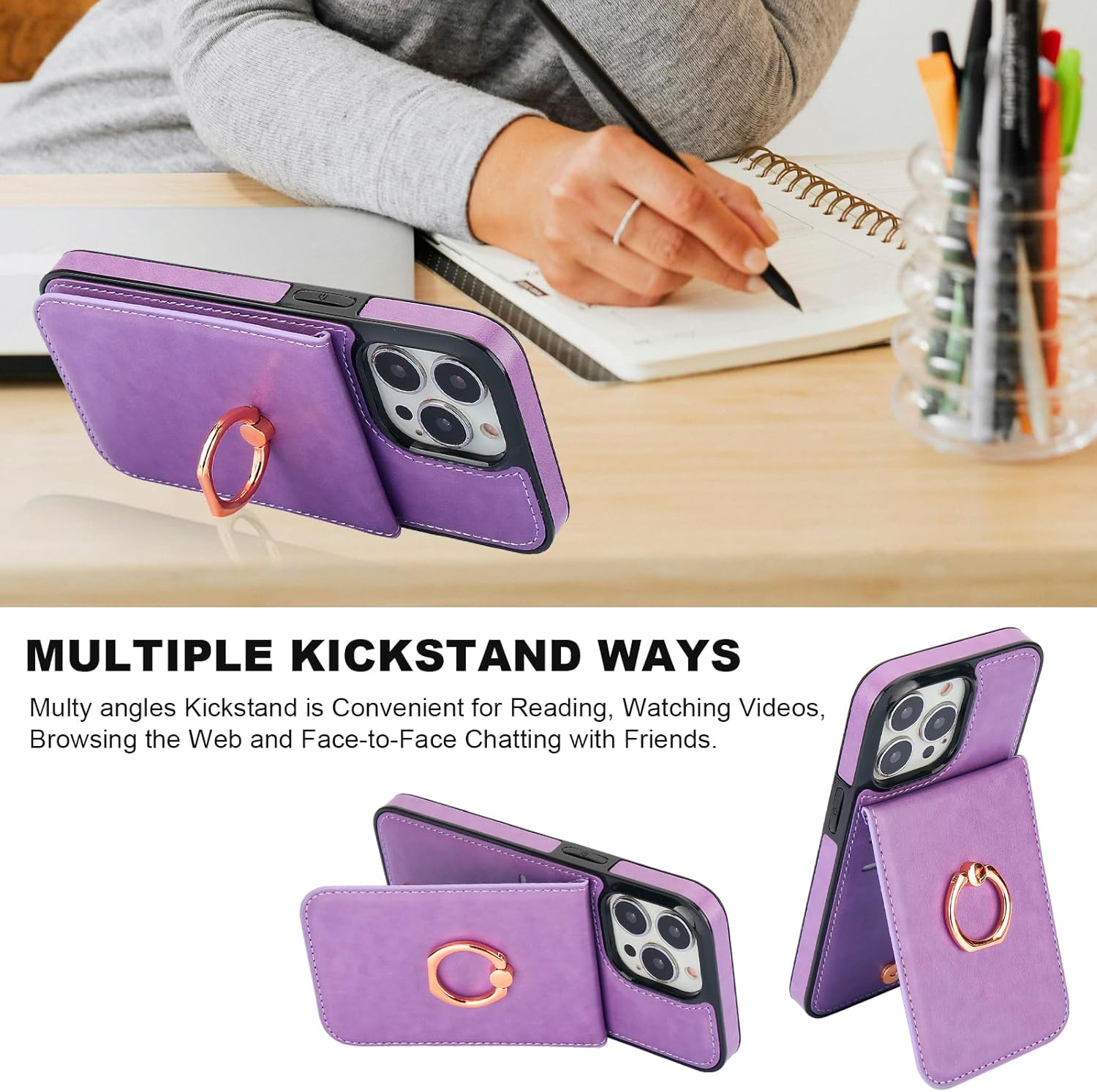 KIHUWEY for iPhone 13 Pro Case Wallet with Credit Card Holder, 360° Rotation Ring PU Leather Magnetic Clasp Kickstand Heavy Duty Protective Cover for Women and Men 6.1 Inch (Purple) - Image 6