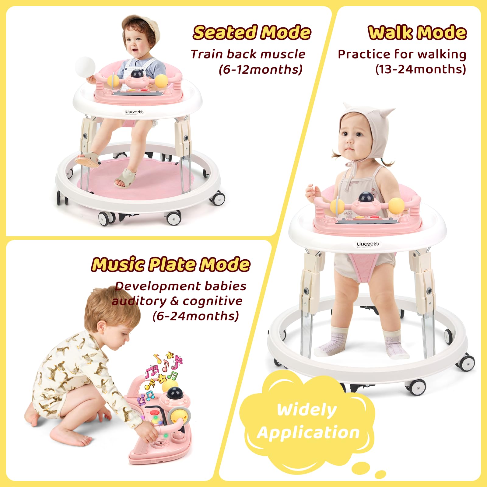 Baby Lauflernhilfe mit Musik und Lichtern, Faltbare Lauflernwagen mit Aktivitätscenter, 7-Gang Höhenverstellung, Anti-Collision Design, Abnehmbarer Platte, Baby Walker von 6-18 Monaten (Rosa-Musik)