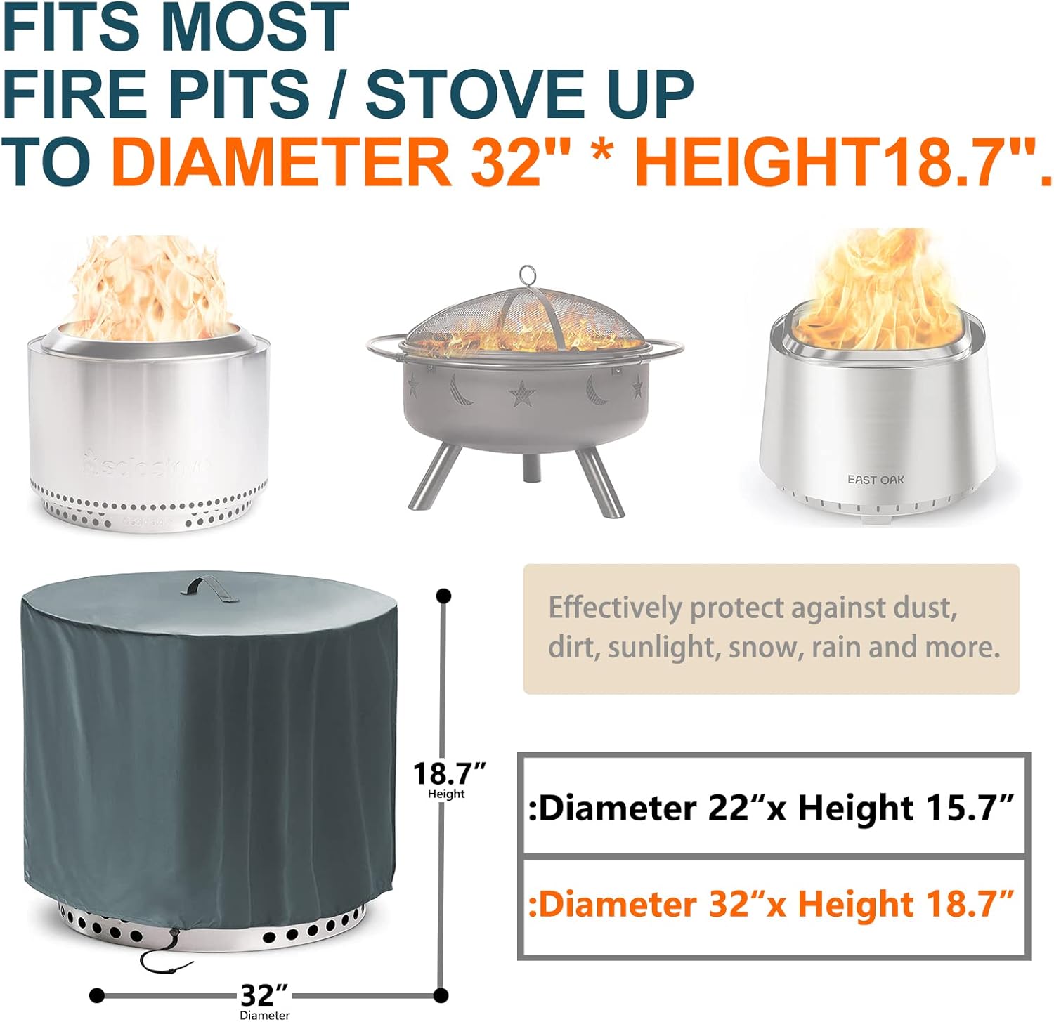 Fire Pit Cover for SoIo Stove Cover Yukon Round-32 Inch Heavy Duty 420D Strong Water-proof, Dust-proof, Sun Protection, Draw Rope Windproof Design - Grey
