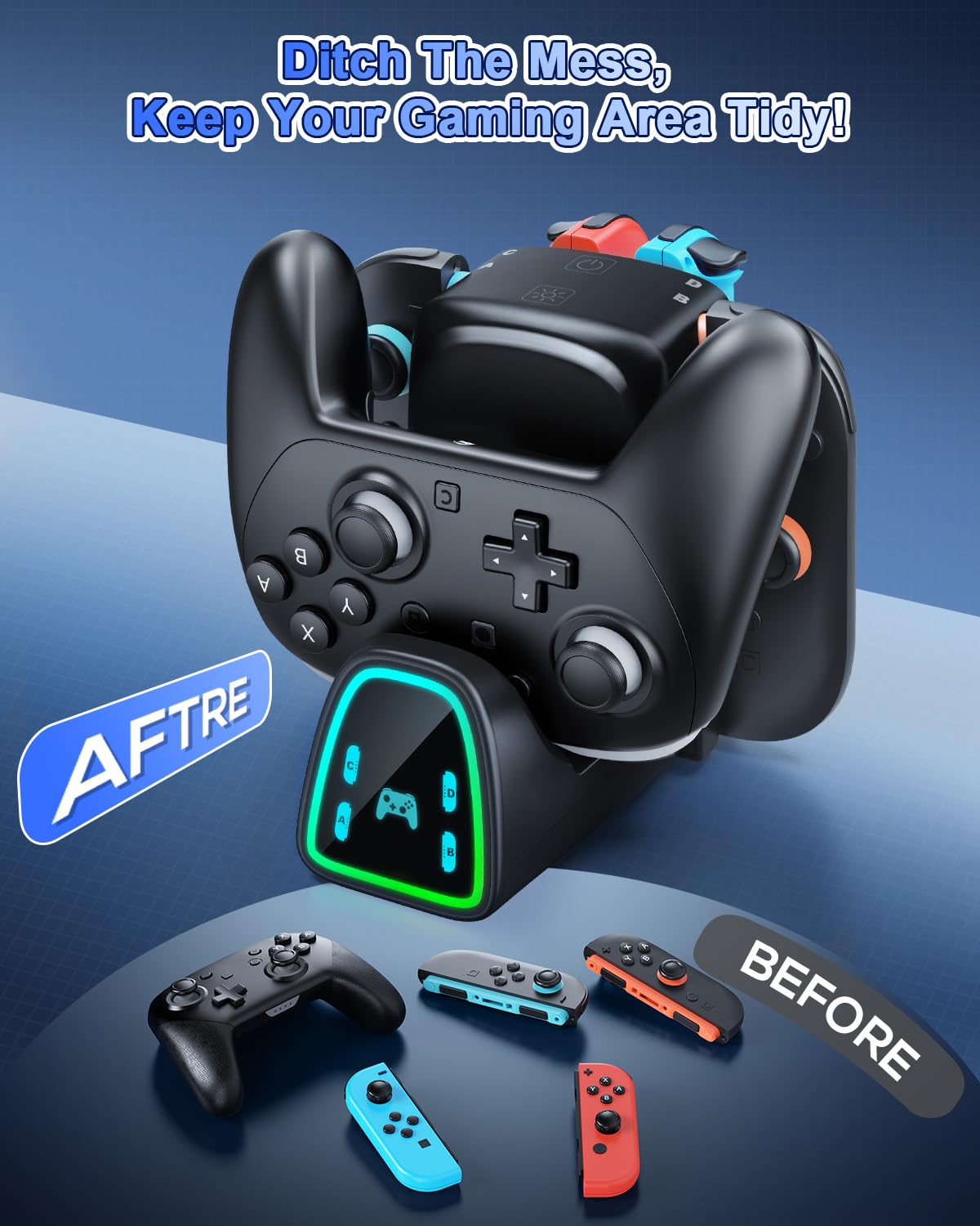 [para Switch 2/1] 9 en 1 Controller estación de carga para Joy Con 2/1 y para Pro Controller 2/1, cargador rápido para Nintendo Switch 2/Switch 1/OLED/P-ro accesorios con luces RGB