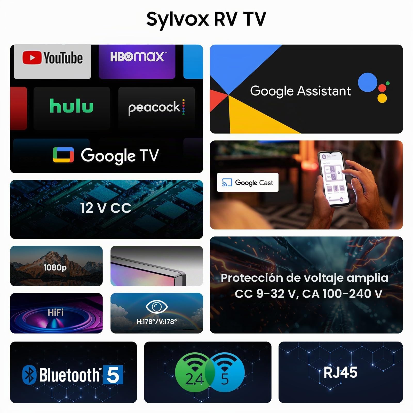 SYLVOX 24 Pulgadas (55 cm) Smart Camping Travel TV, DVD Play Incorporado, Google Televisor Full HD 1080P sin Bordes, Triple sintonizador DVB-C/T2/S2, HEVC, 12V TVpara caravanas, Camping y Camiones