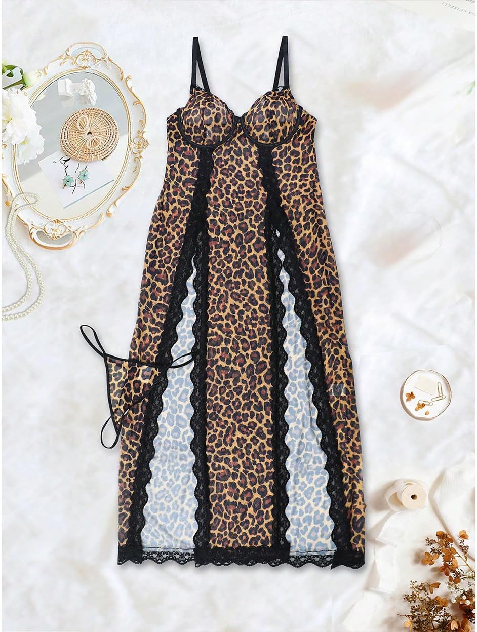Alrovetoney Plus Size Lingerie For Women Babydoll Sexy Mesh Maxi Nightdress Exotic Sleepwear Side Slits