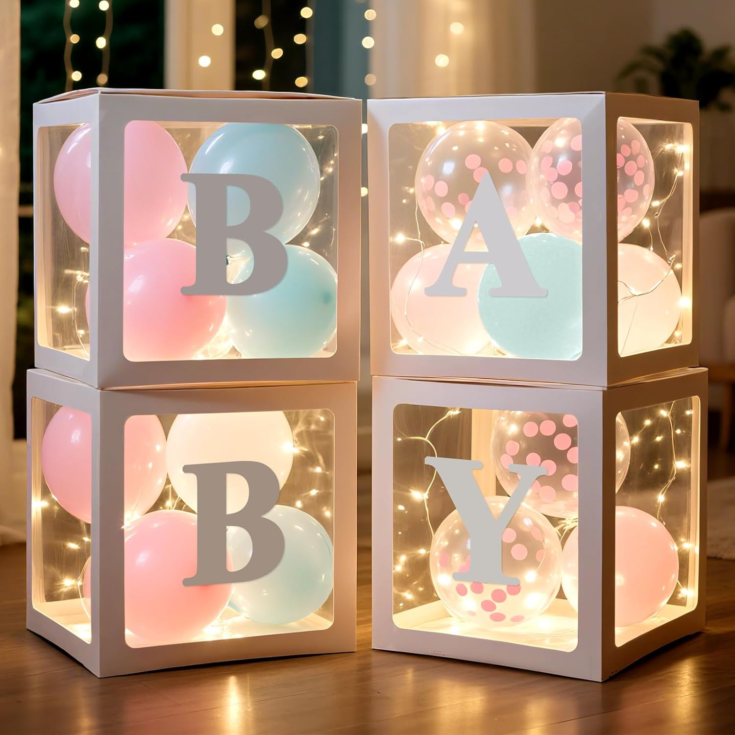 Ledido Baby Boxes with Letters for Baby Shower Decoration, 4 pcs Clear Baby Balloon Boxes Blocks with LED Fairy String Lights 38 Balloons for Boy Girl Gender Reveal Birthday Party (White)