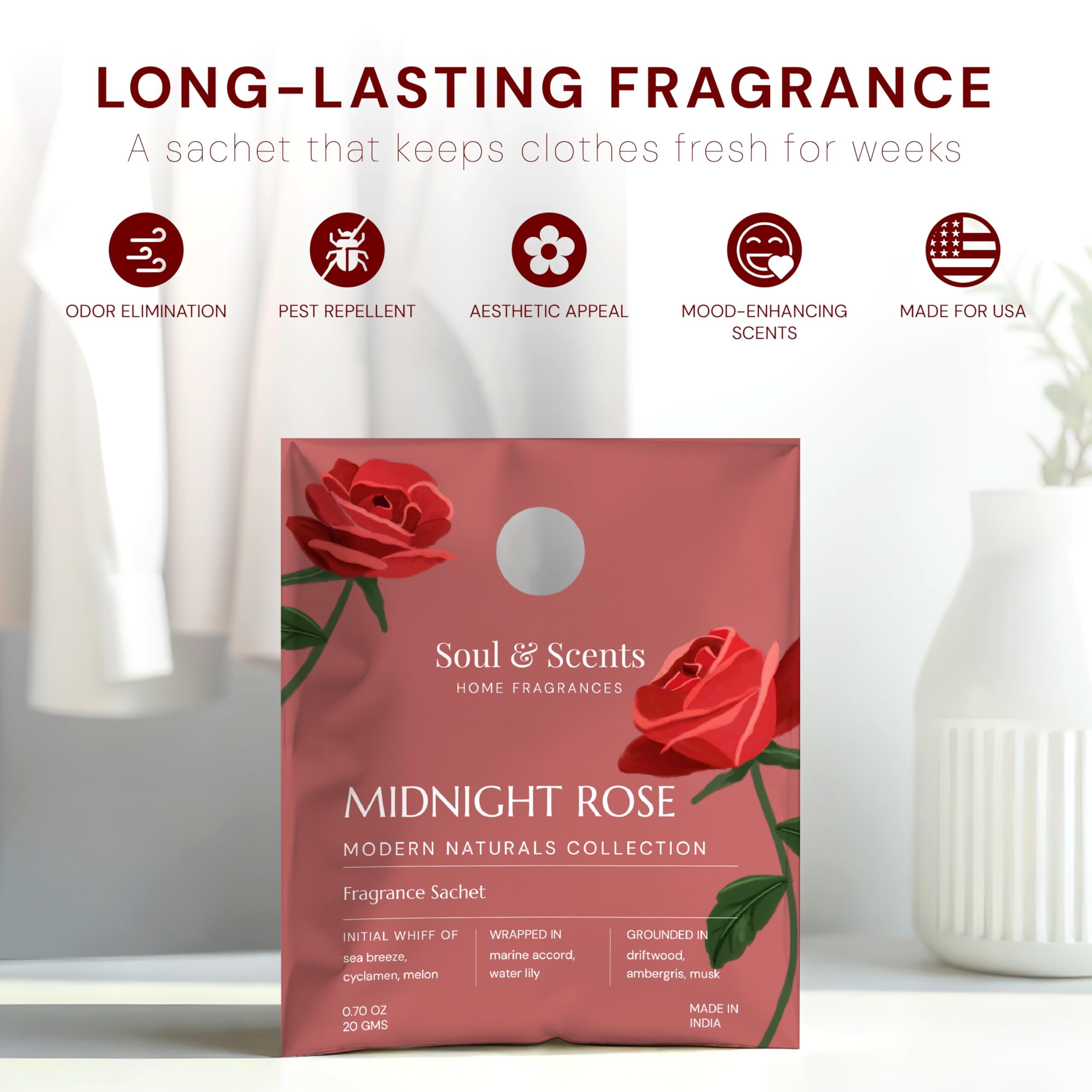 Soul & Scents Rose Fragrance Sachet | A Blend of Peach, Iris & Sandalwood | Long-Lasting Air Freshener for Car, Wardrobe, Kitchen, and Travel Bag | Pack of 3-20gm Each 4