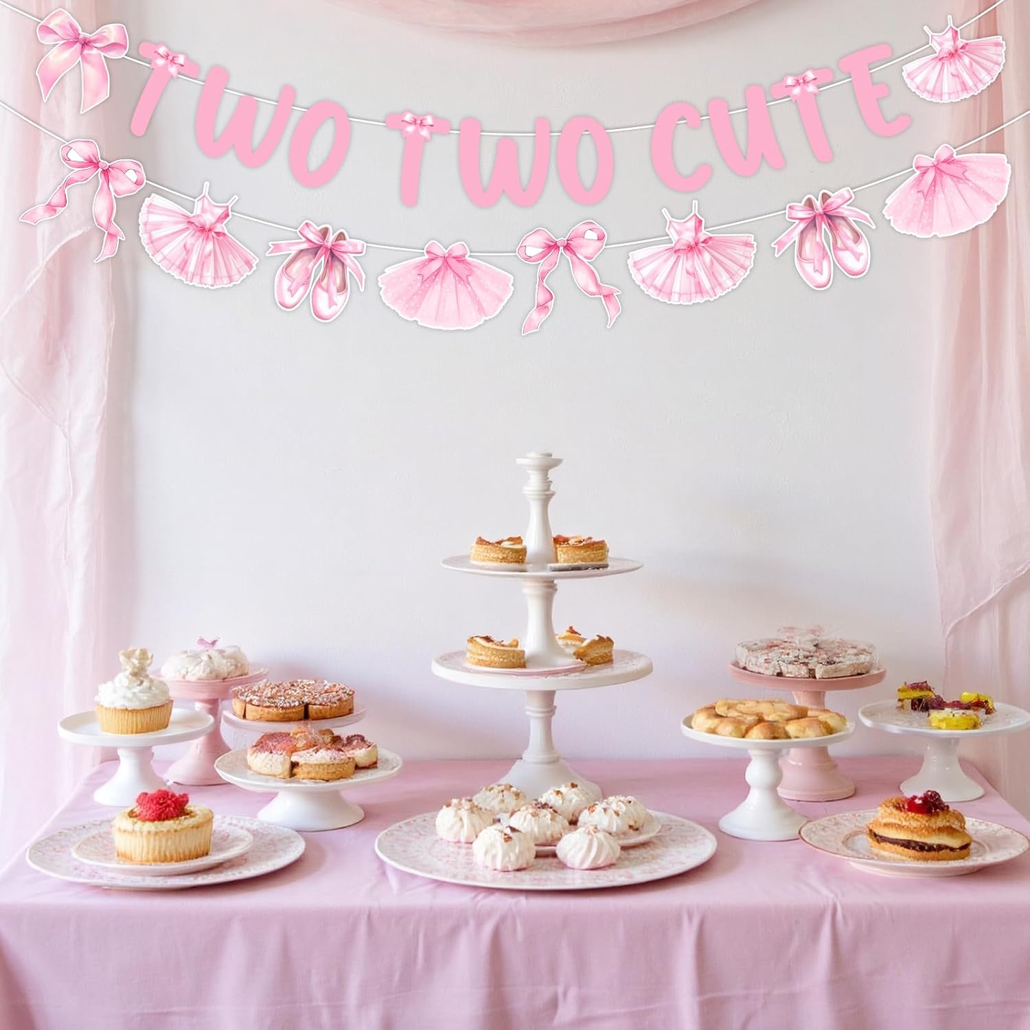 Jollyboom Two Two Cute Birthday Decorations, Ballet and Bows Party Decorations Tutu Cute 2nd Banner Garland for Ballerina 2 Year Old Birthday Party Girl image 2