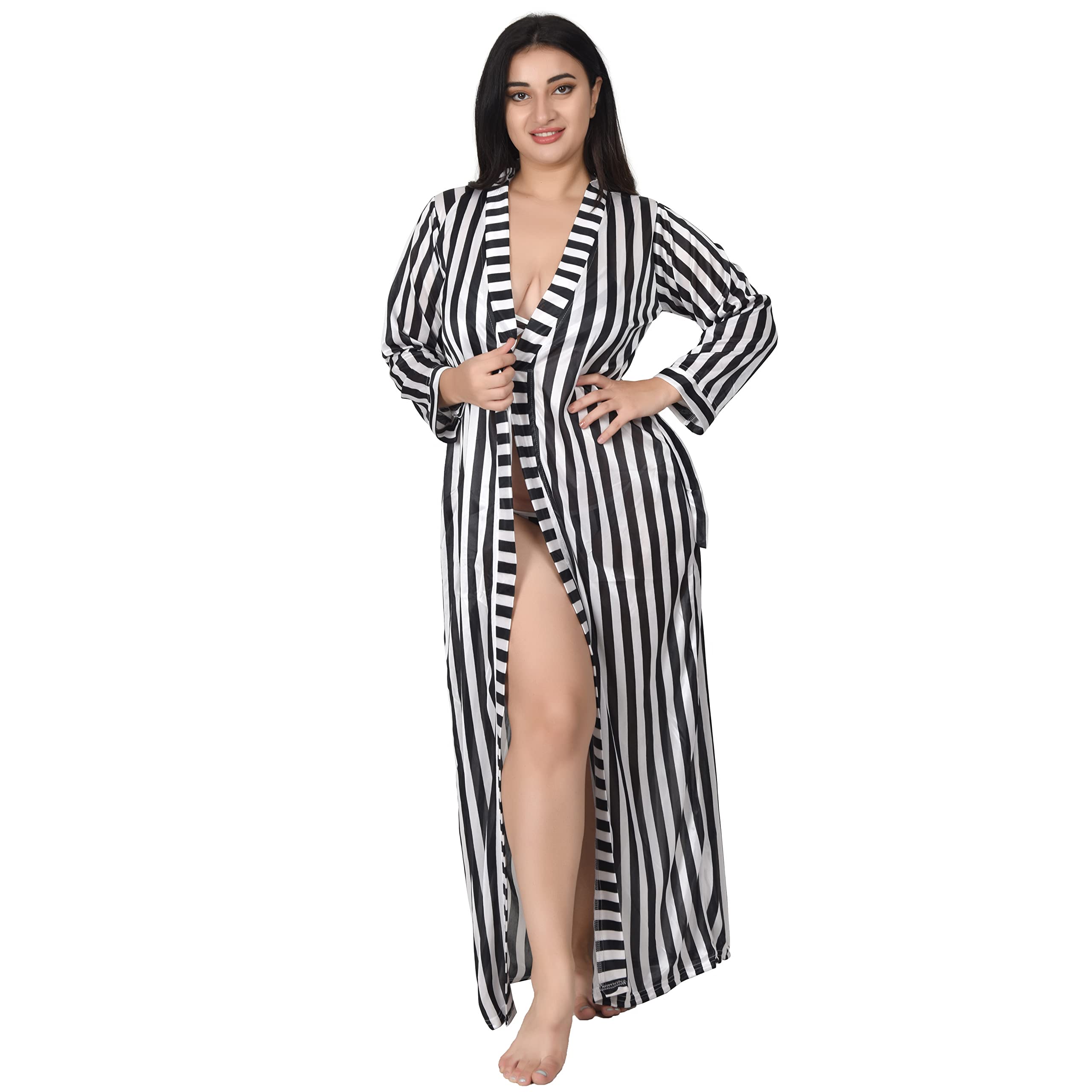 Embrave Satin Solid Nightwear Bikini Lingerie Set Kimono Robe Full Length Striped Bathrobe for Women, XL Size, Black