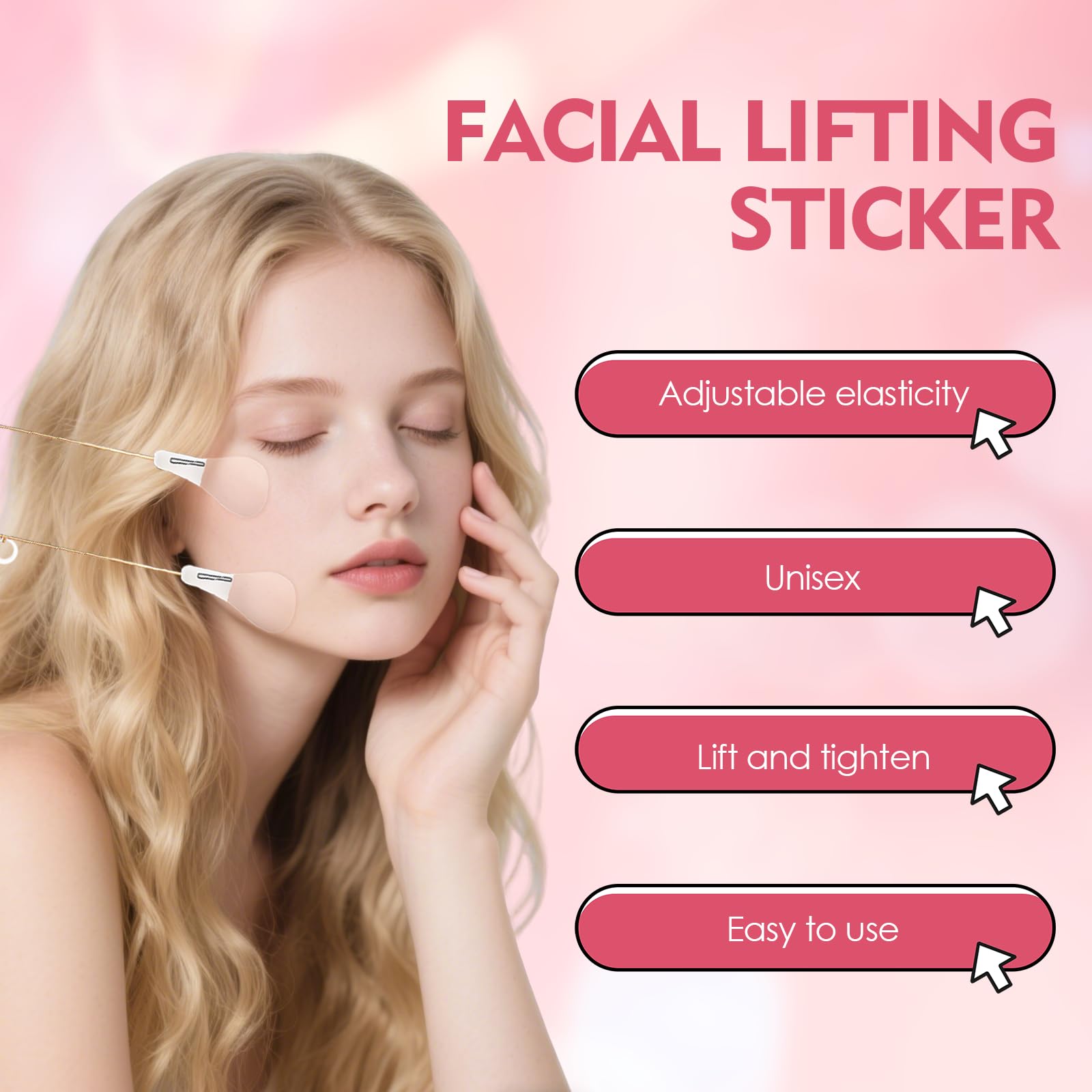 Tape Lifting Viso Set,Face Lifting Tape,Set di Nastri per il Viso contro il Doppio Mento,80 Adesivi Invisibili e 4 Corde di Sollevamento Riutilizzabili per un Contorno a V Istantaneo,Collo