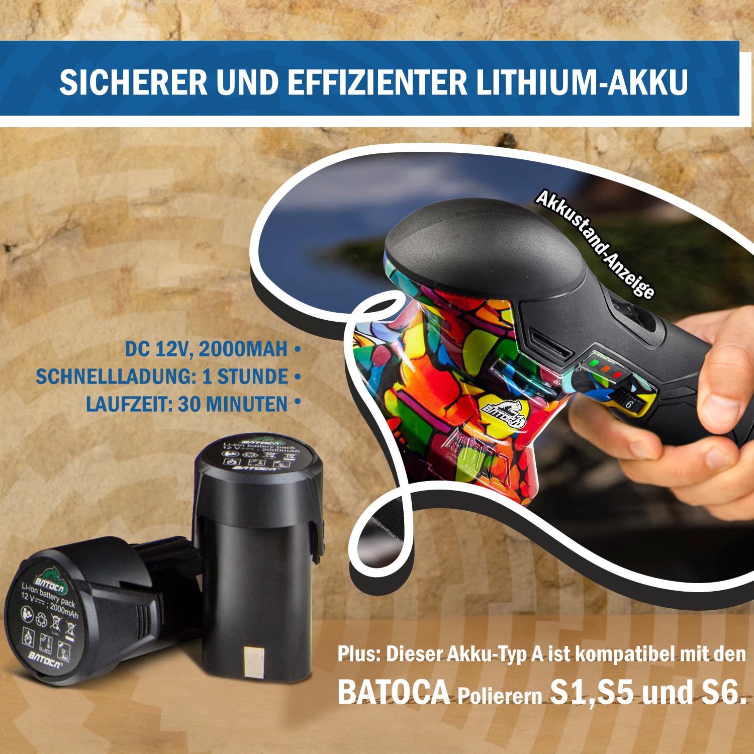BATOCA Upgrade S3 Akku Poliermaschine für Auto,Klein Exzenter Polierer 5mm Orbital mit 2 Akkus,2500-5000RPM,Mobile Politur Set,Mehrzweckschleifer,12V Batterien Puffer Polieren,Wachsen,Schleifer