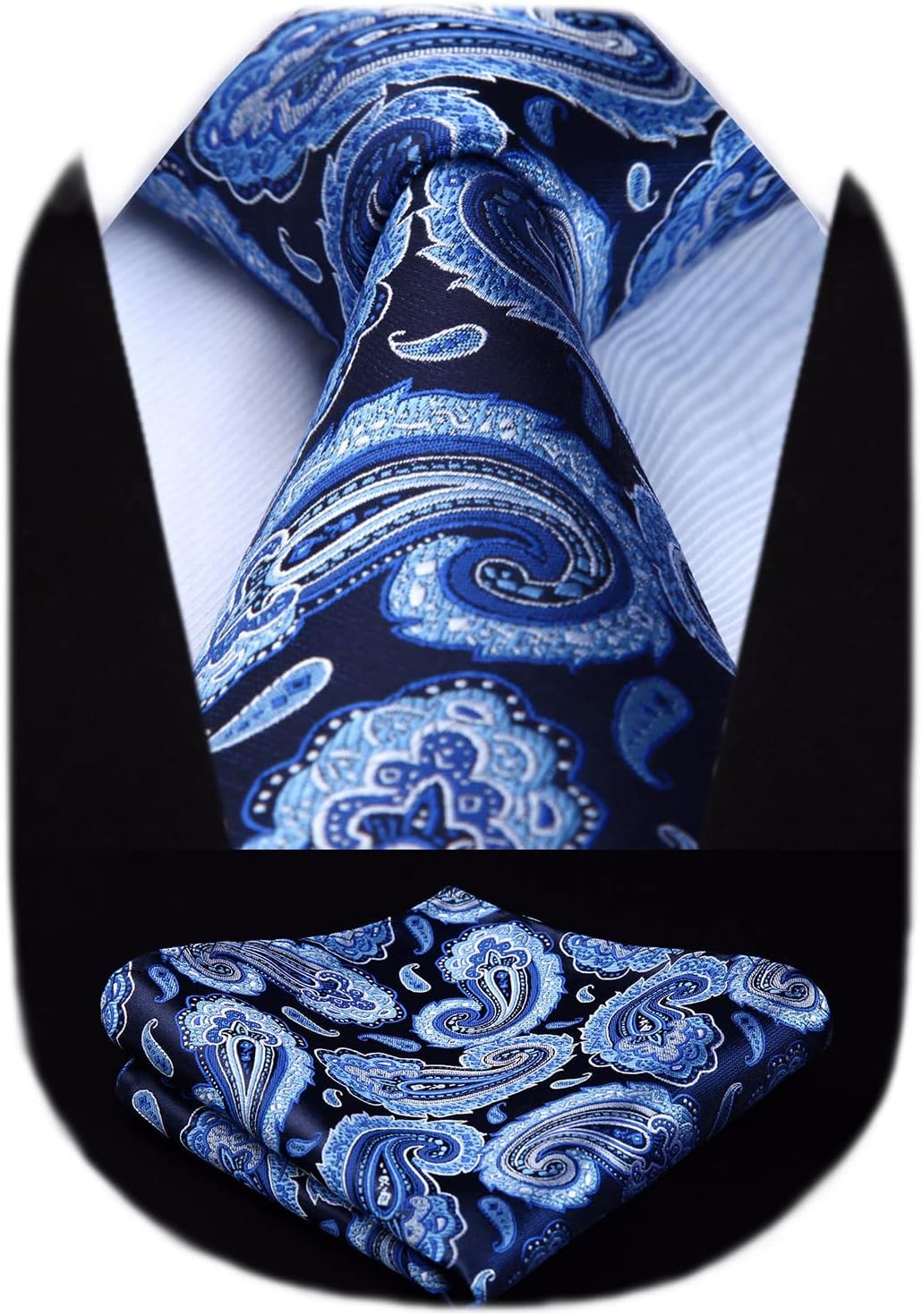 HISDERN Ties for Men Paisley Floral Tie Handkerchief Classic Woven Business Formal Necktie and Pocket Square Set Wedding 01a-blue