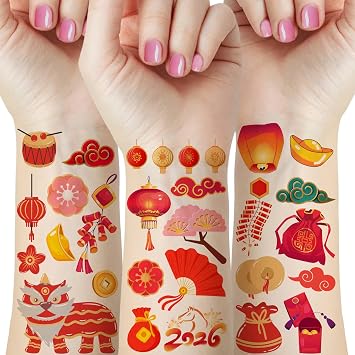 Chinese New Year Temporary Tattoos, Spring Festival Themed Body Art Stickers, 2.35 x 3.93 Inches, Red and Gold Design