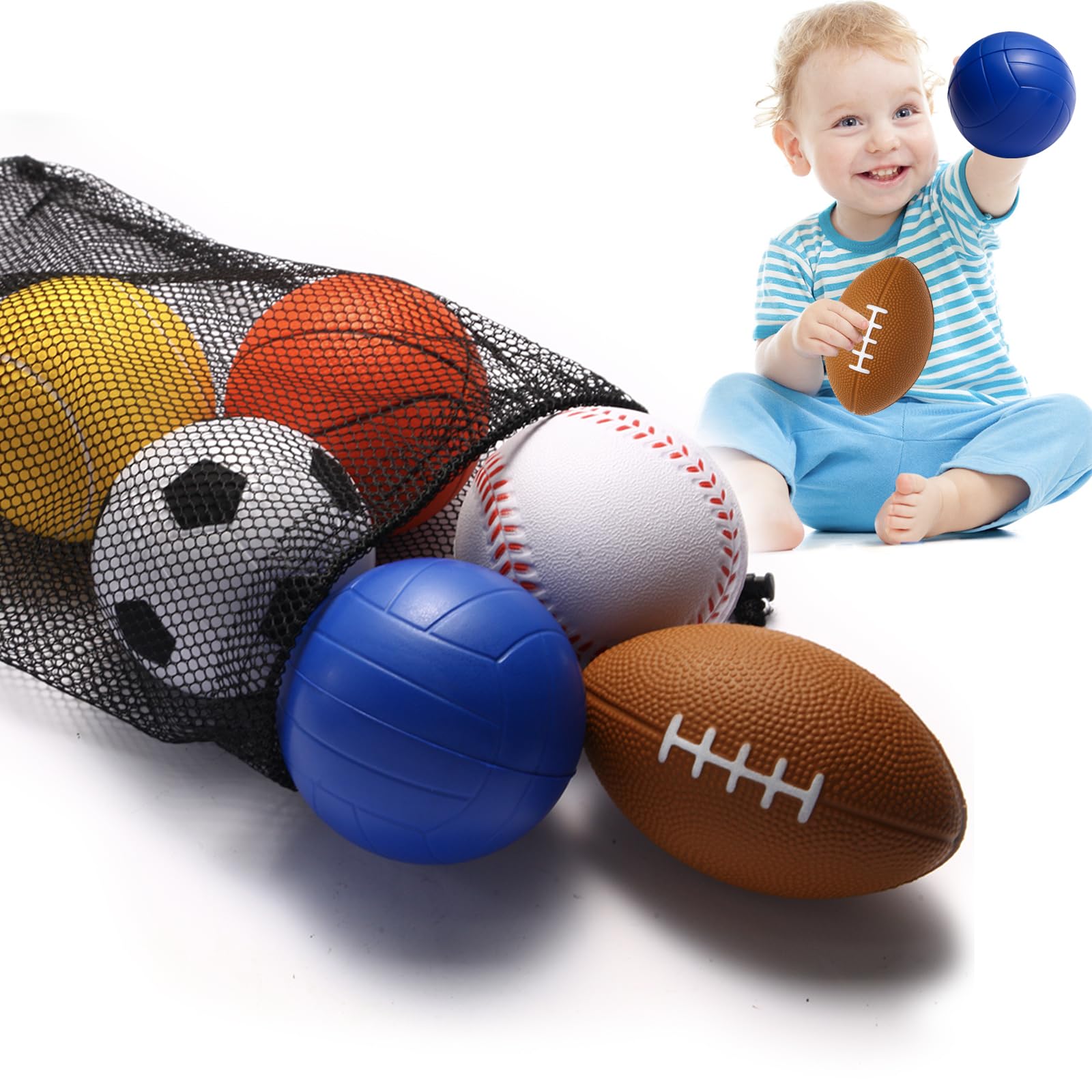 Urspasol Mini Sports Balls Set of 6 Foam Balls for Kids 3.5 inch Soft Ball for Toddlers 1-3 with Bag Includes Soccer, Basketball, Football, Baseball,Tennis and Volleyballs- Throwing Toys for Babies