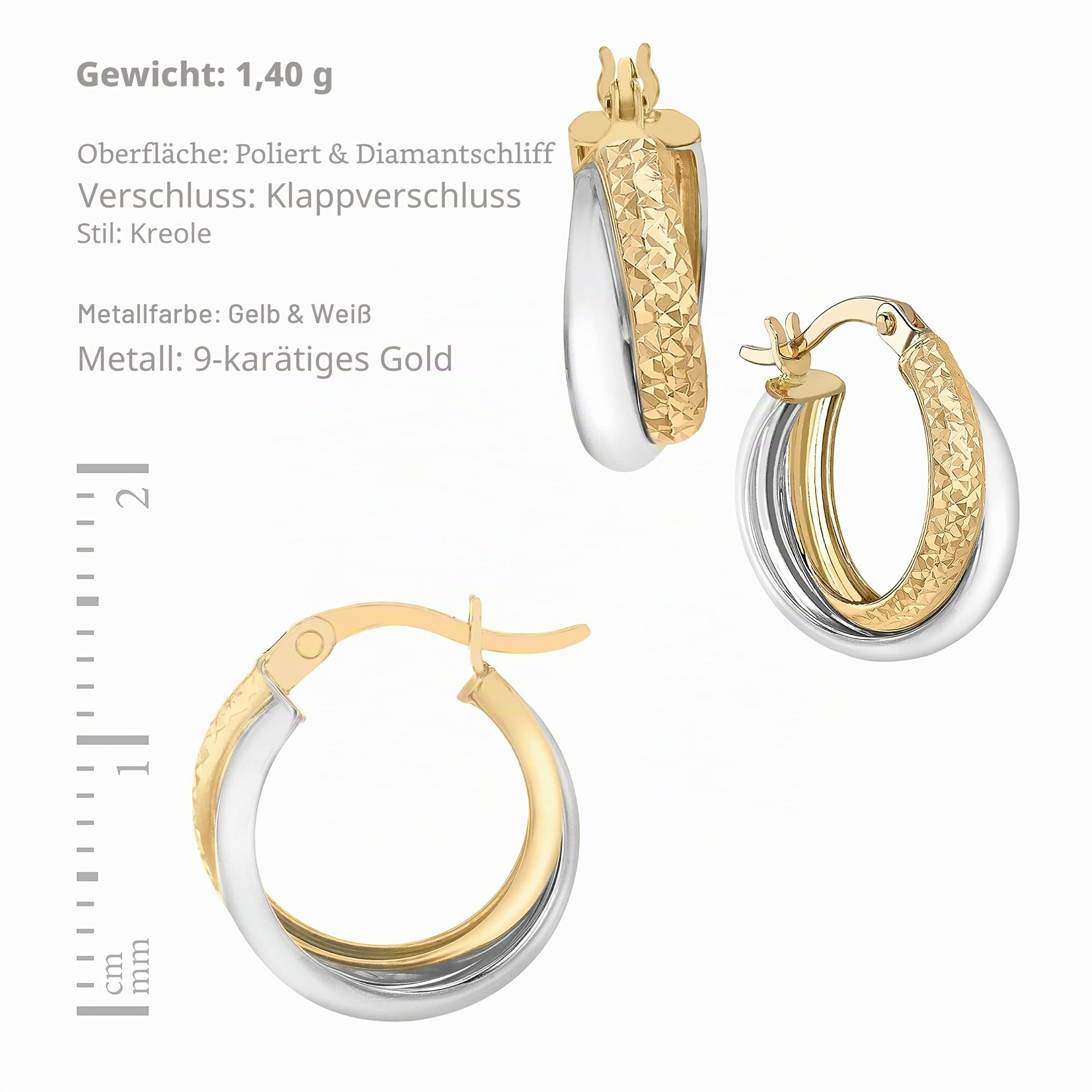 Damen 2-farbig 5.5 mm x 15 mm Diamantschliff Übergang Kreol Ohrhänger 9k (375) Gold
