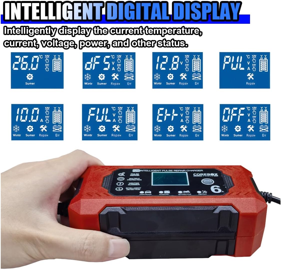 12V 6A Car Battery Charger, Lead Acid Batteries Trickle Charger Maintainer with Temperature Compensation, Smart Automatic Battery Pulse Repair & Desulfator for Car Truck Lawn Mower Boat