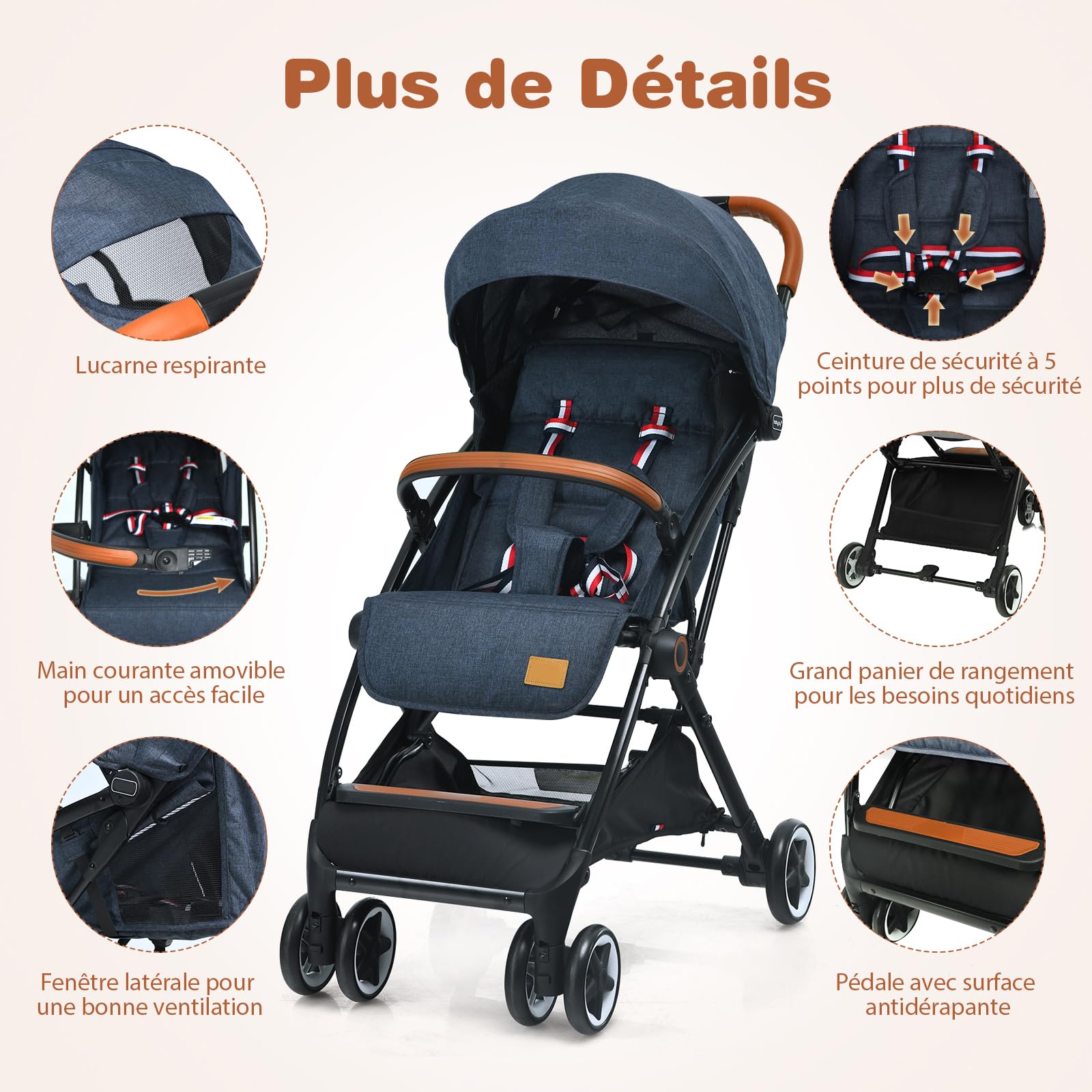 COSTWAY Poussette Canne Bébé 6-36 Mois(Charge 15 kg) avec Dossier & Repose-pieds Réglables, Pliable à une Main, Pousette Compact et Légère Voyage avec Auvent & Moustiquaire, Roues Antidérapants