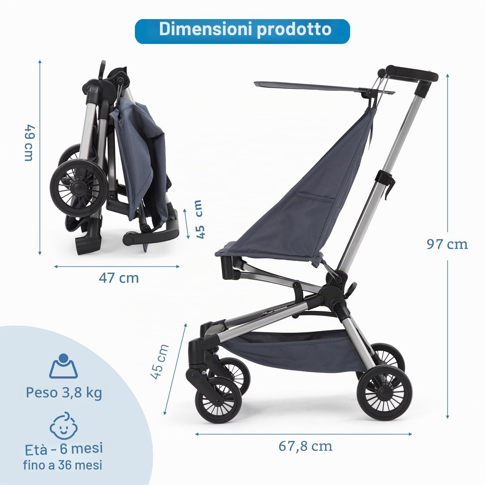 Passeggino Ultraleggero Compatto per Aereo <4,5 kg con Borsa di Trasporto, Pieghevole con una Mano, Baldacchino Regolabile, Ruote 360°, Cintura di Sicurezza a 3 Punti