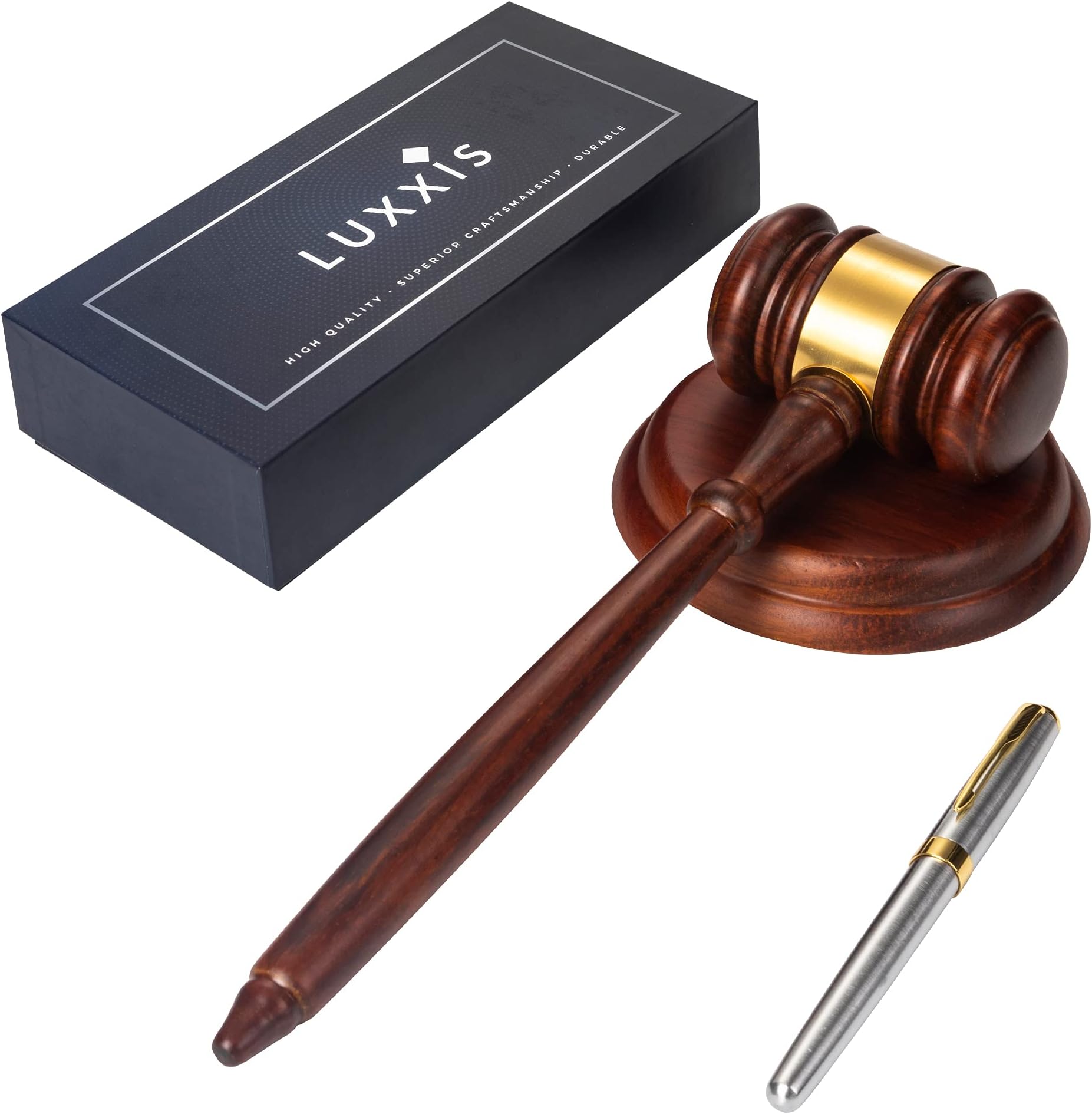 Luxxis Wooden Gavel and Block Set – Great for Judge Lawyer Auction and Meetings – x1 Handcrafted Wood Gavel, x1 Round Block, x1 Luxury Pen