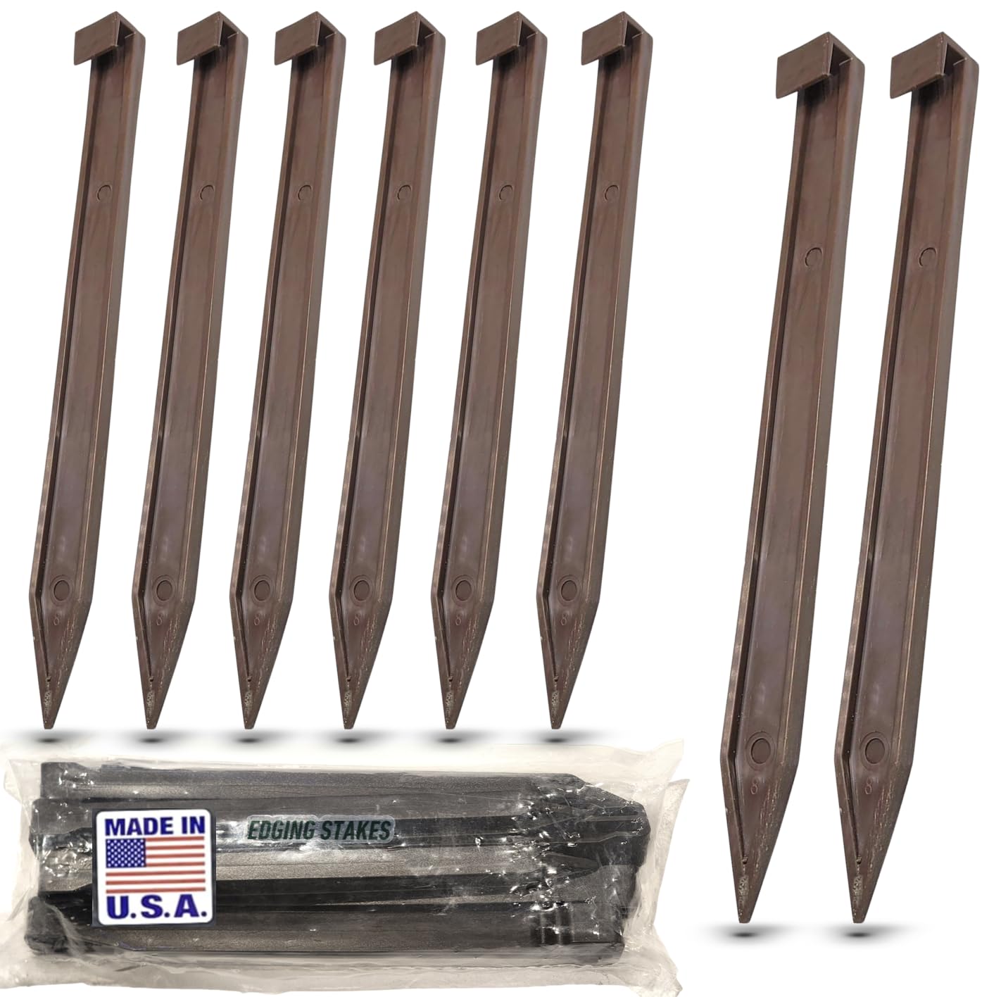 One Stop Outdoor Estacas de plástico para anclaje de bordes de paisaje de nailon marrón, 10 pulgadas de longitud, hechas en Estados Unidos, 50 unidades, se adapta a la mayoría de marcas EasyFlex Dimex