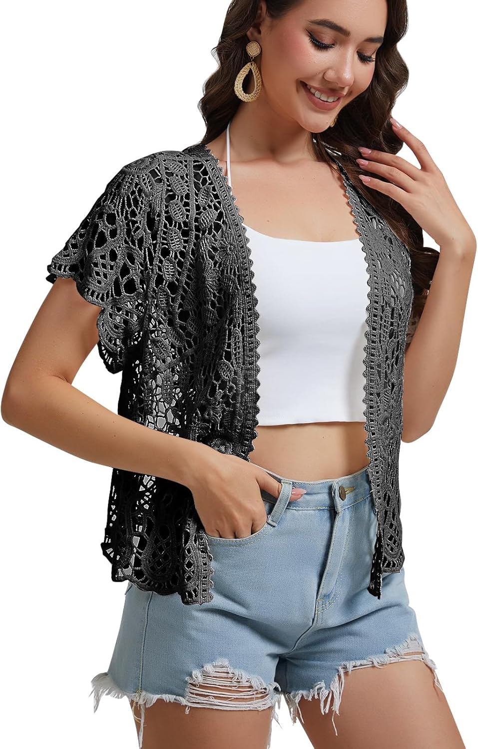 SMDPPWDBB Women’s Short Sleeve Lace Shrugs Bolero Cardigan Crochet Sheer Crop Jacket - Image 3