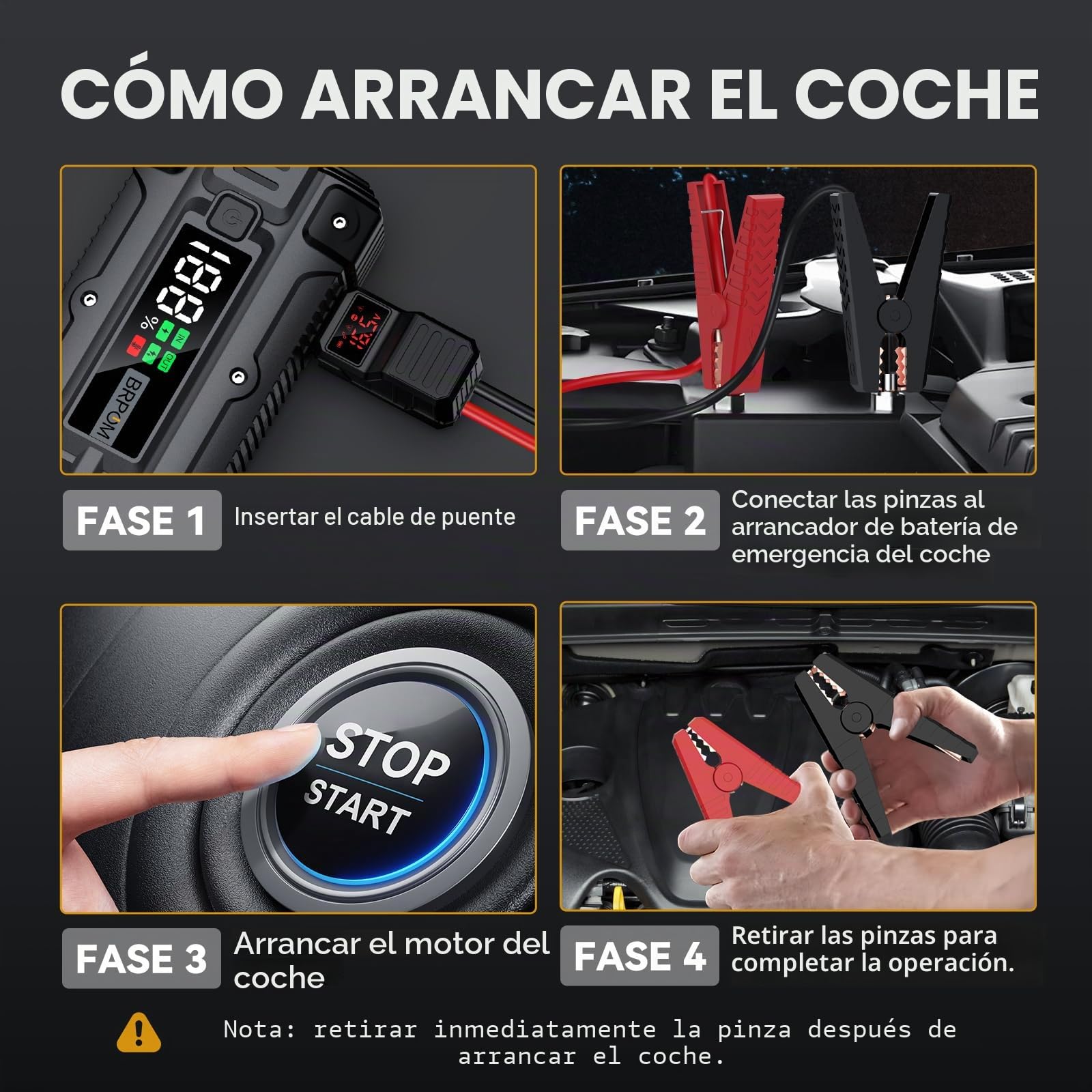 BRPOM Arrancador de coche, 6000A de pico 26800mAh (hasta todos los motores de gasolina o 10 L de diésel, 50 veces) Cargador de batería de refuerzo automático de 12V con caja de arranque rápida y