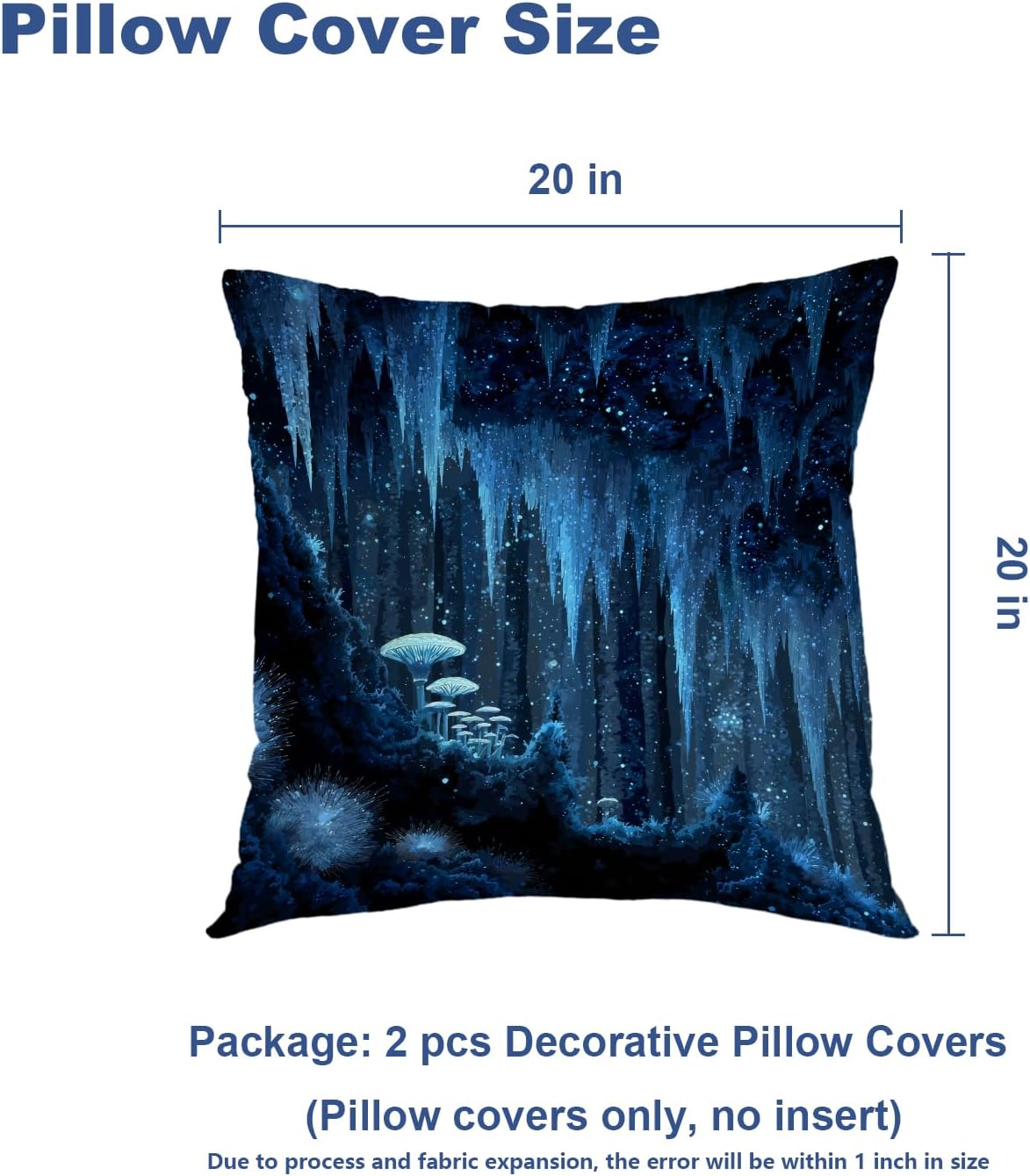 Batmerry Glowing Crystal Cave Mushrooms Throw Pillow Covers, Blue ICY Cave with Mushrooms Pillow Covers Digital Printing Blended Fabric for Couch Sofa Bed Invisible Zipper 20X20 in(Set of 2)