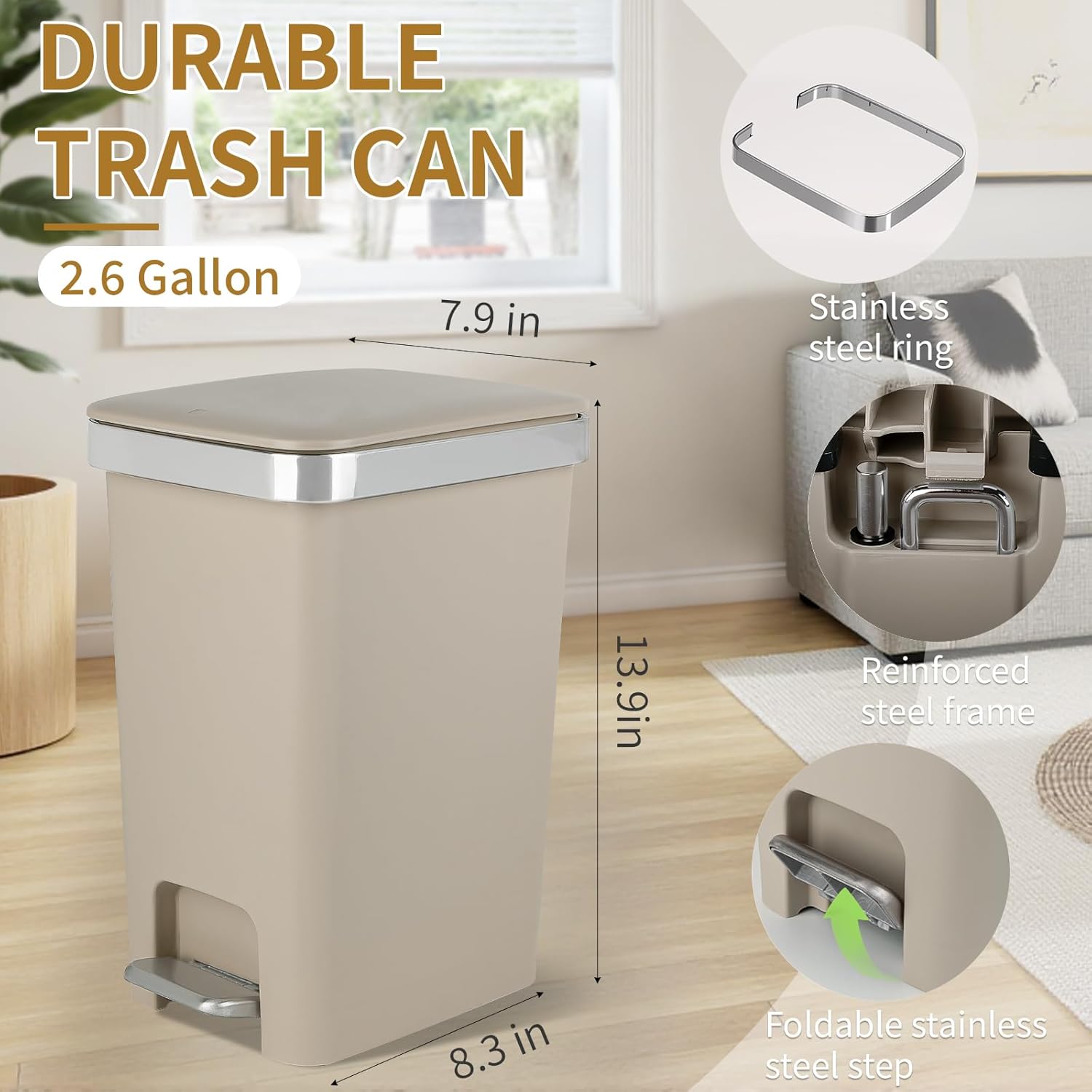 Small Bathroom Trash Can with Lid and 3 Rolls Trash Bags, Step Pedal Wastebasket Plastic Garbage Can with Pop-Up Lid 2.6 Gallon Bin for Kitchen, Bedroom, Office, Dorm, Laundry, Toilet, Rv,Khaki