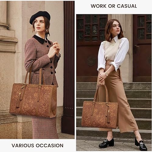 Miniatura 8 de LOVEVOOK Bolsa para laptop para mujer, bolsa de trabajo de cuero vintage de 17.3 pulgadas, bolsa de computadora de gran capacidad con bolso de mano
