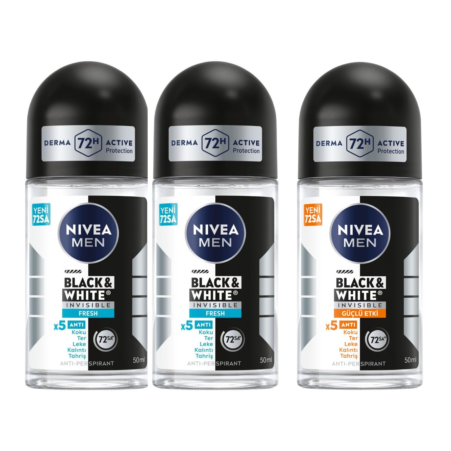 NIVEA Men Erkek Roll On Deodorant Black&White Invisible, 50 ml + NIVEA Men Erkek Roll On Deodorant Black&White Invisible Fresh 48 Saat Anti-Perspirant Koruma, 50 ml X2