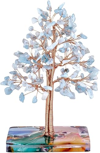 Nupuyai Árbol de dinero de piedra de cristal aguamarina envuelto en rodajas de ágata orgón, árbol de la vida, bonsái de Feng Shui, decoración para