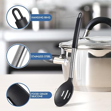 HOTEC 446F Heat Resistant Large Silicone Cooking Spoon, BPA Free Solid Slotted Spoons, Nonstick Kitchen Cookware Utensils, Mixing, Serving, Stiring Large Spoons, Black