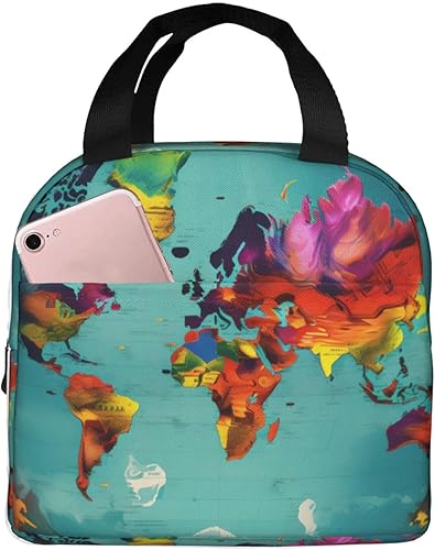 Lonchera de trabajo, bolsa de almuerzo de viaje con mapa del mundo para mujeres y hombres, contenedor de almuerzo aislado reutilizable de gran