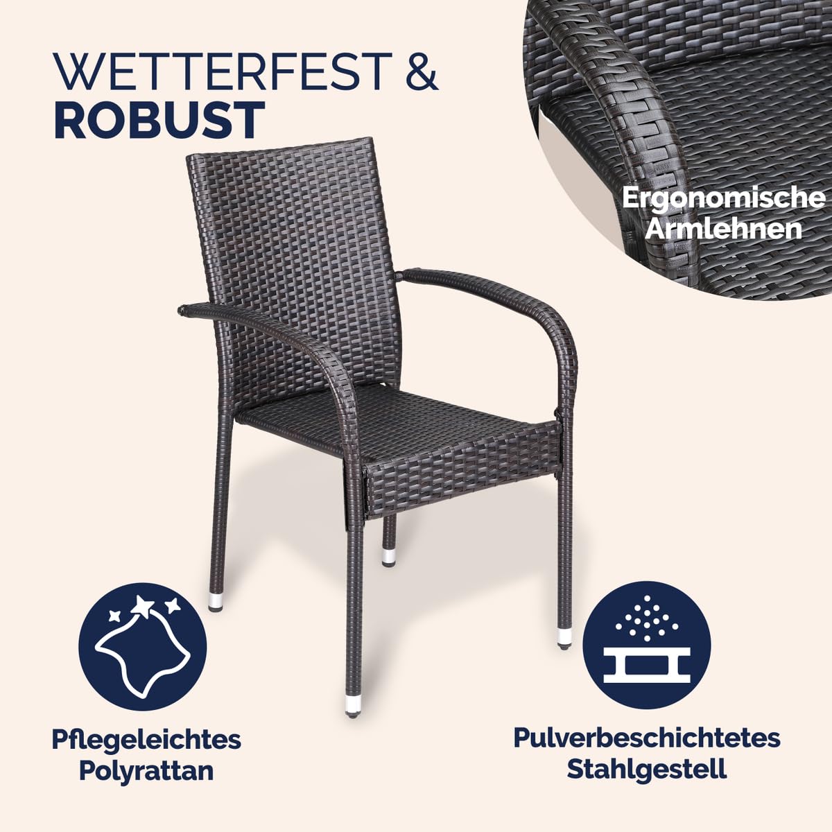 Casaria® Set 4 Sedie da Giardino in Polyrattan Impilabili Regolabili con Portata di 160 kg per Balcone Terrazza Sedia Esterno Sedia da Tavolo | Sedie impilabili da esterno con bracciolo, capacità 160 kg, per campeggio, patio, balcone, terrazza, terrazza,