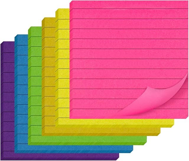 AIEX 3.95 x 3.95 Inch 6 Pack 300 Sheets Lined Sticky Notes Self-Stick Notes Lined Post Memos for Office, School and Home - 6 Assorted Bright Colors