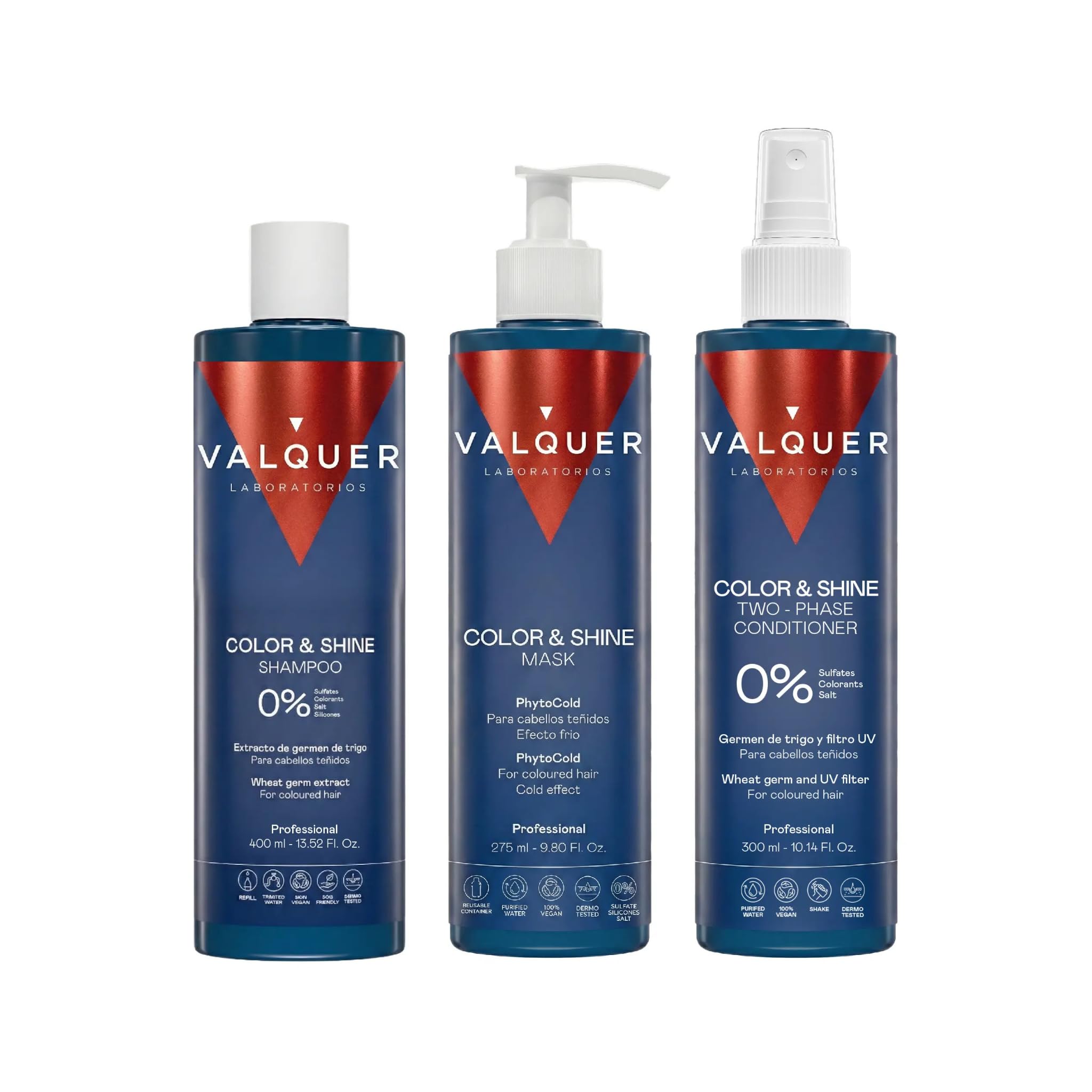 Valquer Hair Enhancer Pack Couleur: Shampooing 400 ml + Masque Effet Glace 175 ml + Après-shampoing biphasique 300 ml. Cheveux teints 1300 G (3 Unités)