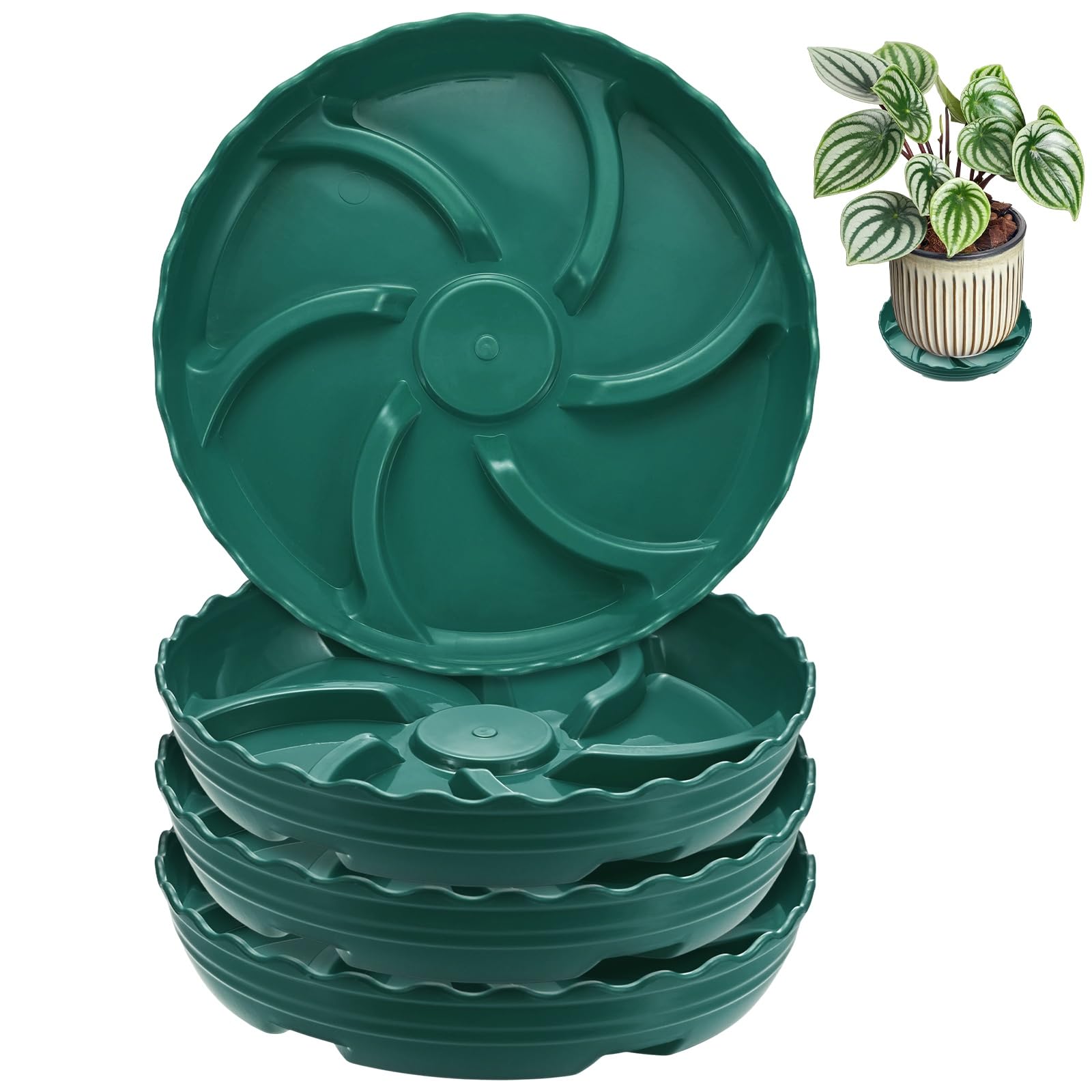 M METERXITY 4-Pack Plant Saucer, 6.9 Inch/17.5 cm Plastic Plant Trays Thicker for Pots/Indoor/Outdoor/Water Drainage and Protection, Flowerpot Drip Tray [Green]